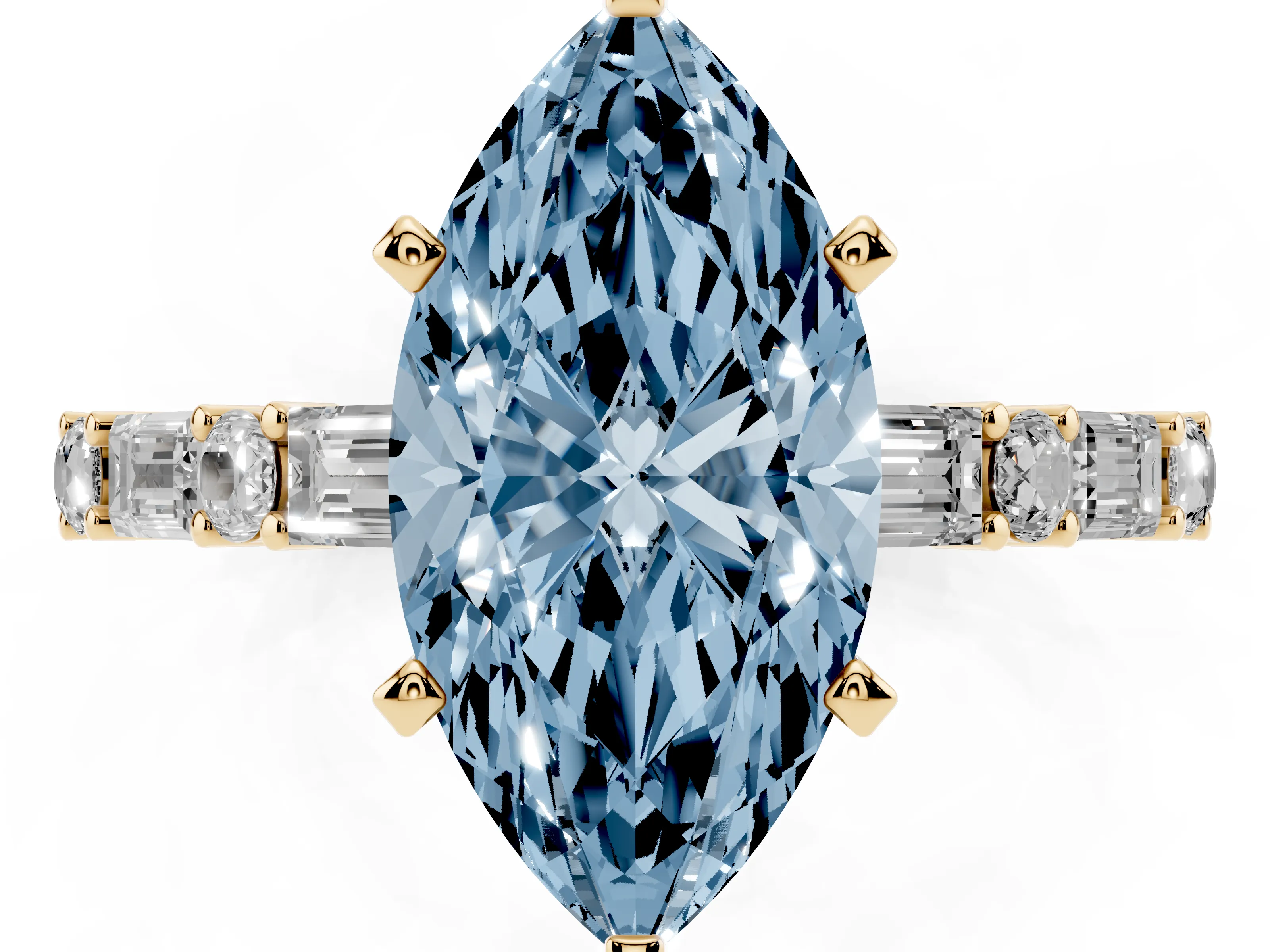 Fancy Blue Marquise Cut Diamond Solitaire Set in Yellow gold with Side Baguettes and Channel Set Band