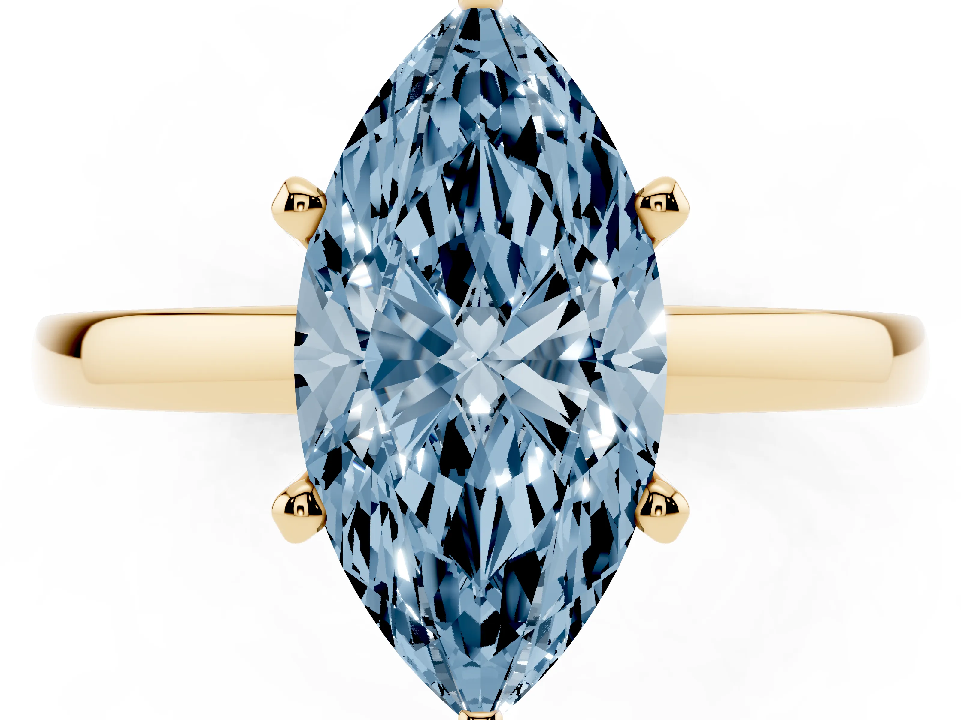 Fancy Blue Marquise Cut Diamond Solitaire Engagement Ring Set in Yellow gold with Prong Setting on a Classic Band