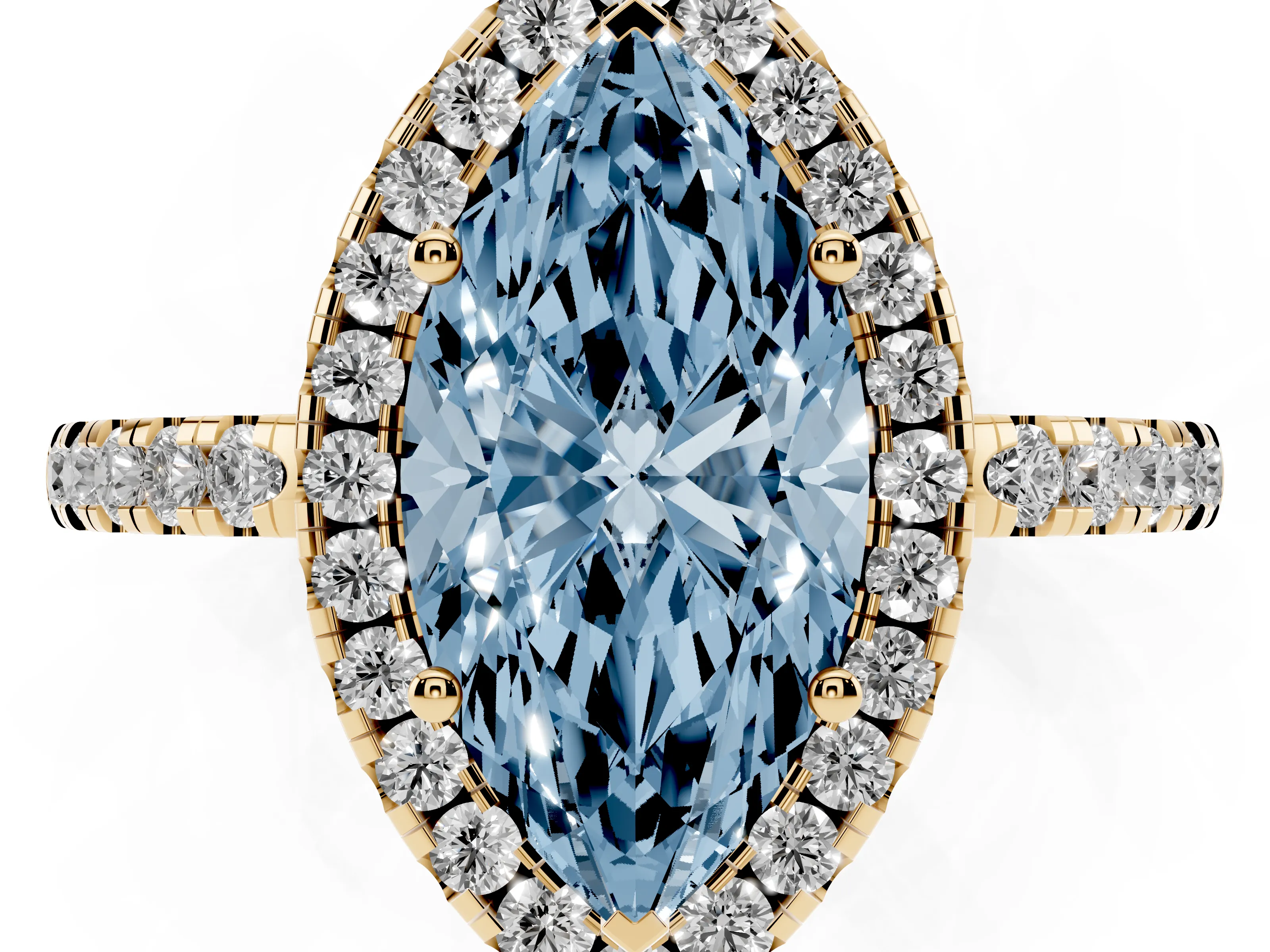 Fancy Blue Marquise Cut Diamond Pavé Band Halo Engagement Ring Set in Yellow gold with Prong Setting
