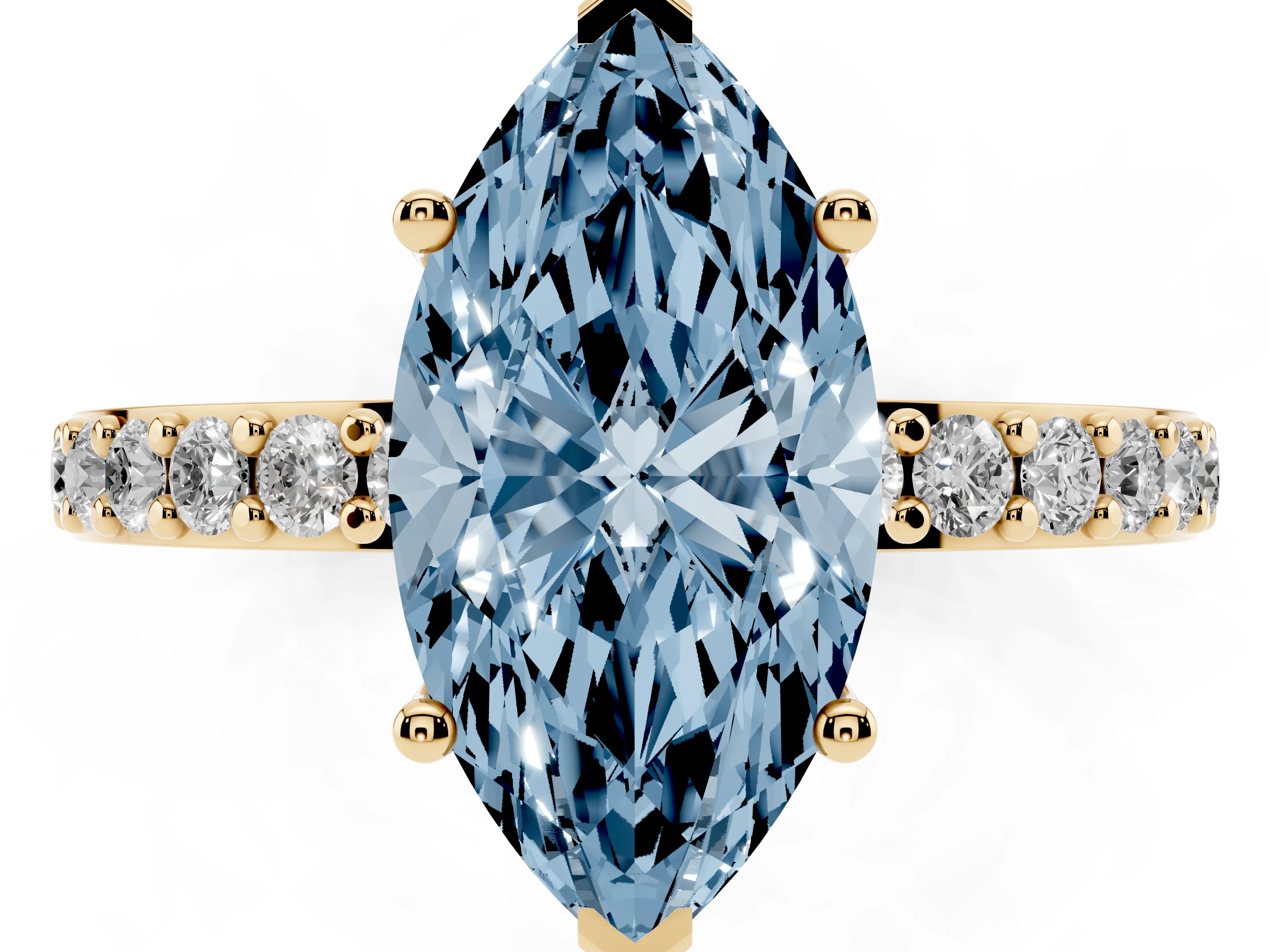Fancy Blue Marquise Cut Diamond Solitaire Set in Yellow gold with Round Pavé Band and Prong Setting