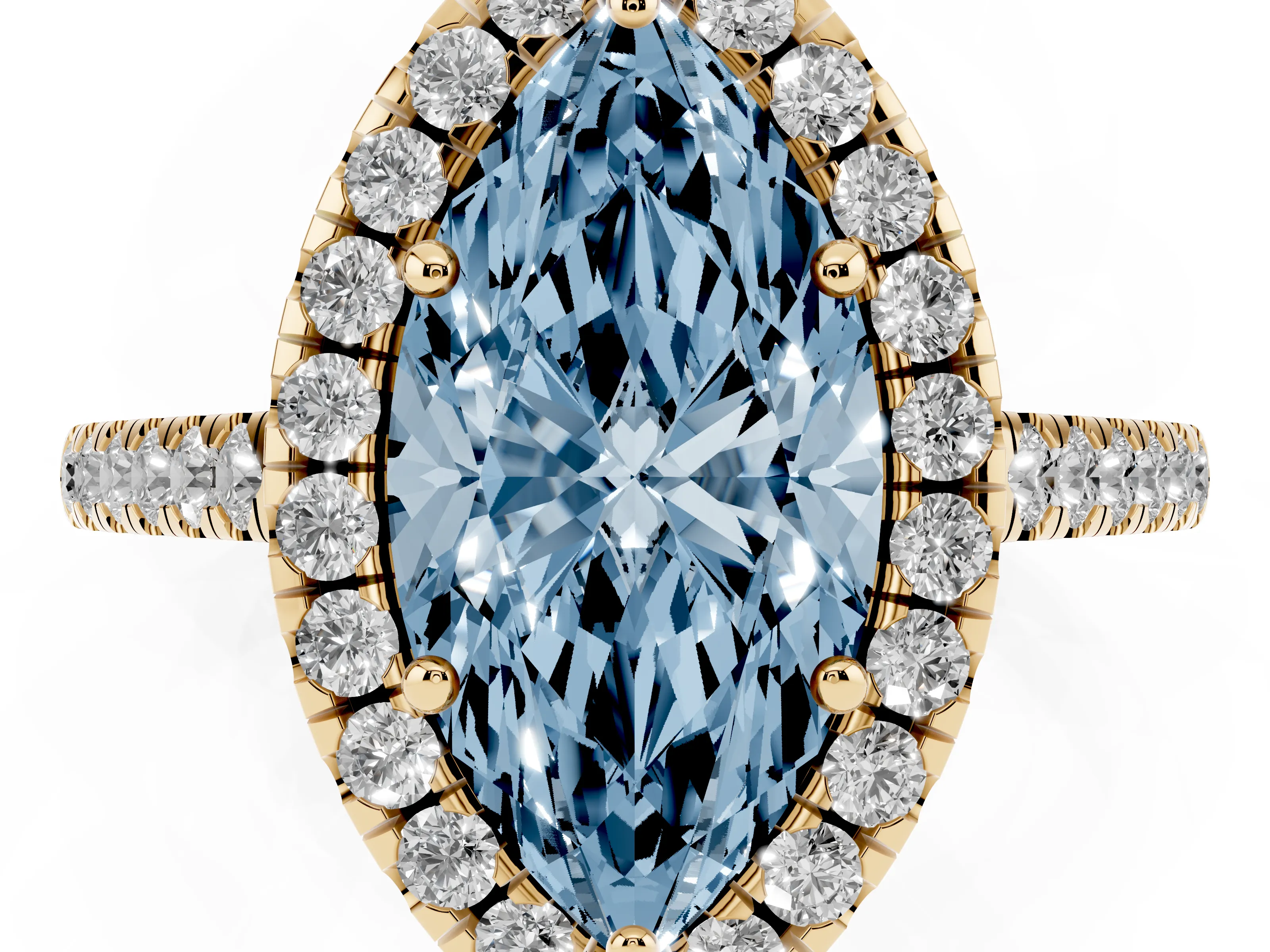 Fancy Blue Marquise Cut Diamond Pavé Halo Engagement Ring Set in Yellow gold with Pavé Band and Prong Setting