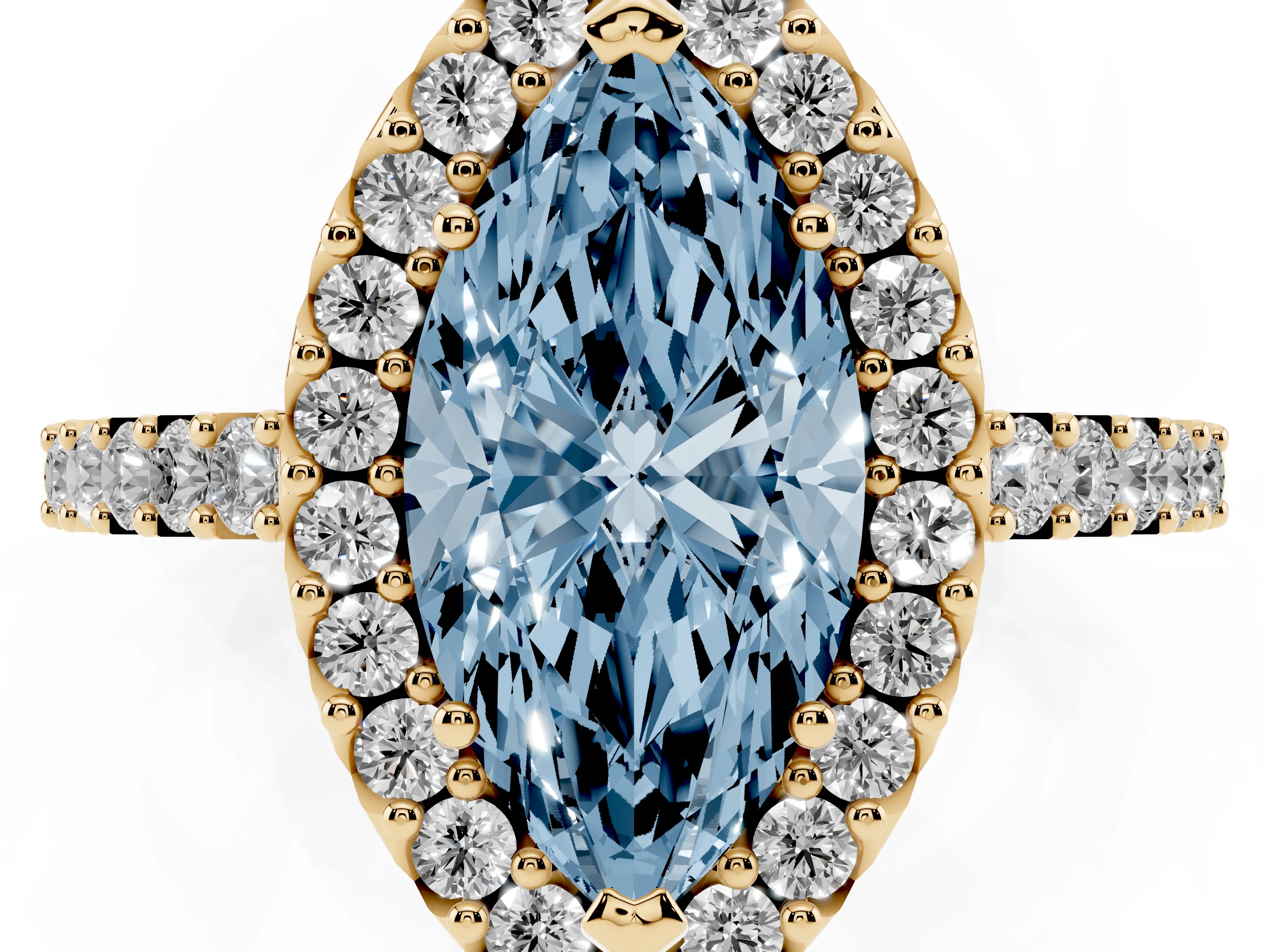 Fancy Blue Marquise Cut Diamond Halo Pavé Solitaire Ring Set in Yellow gold with Prong-Set Center Stone