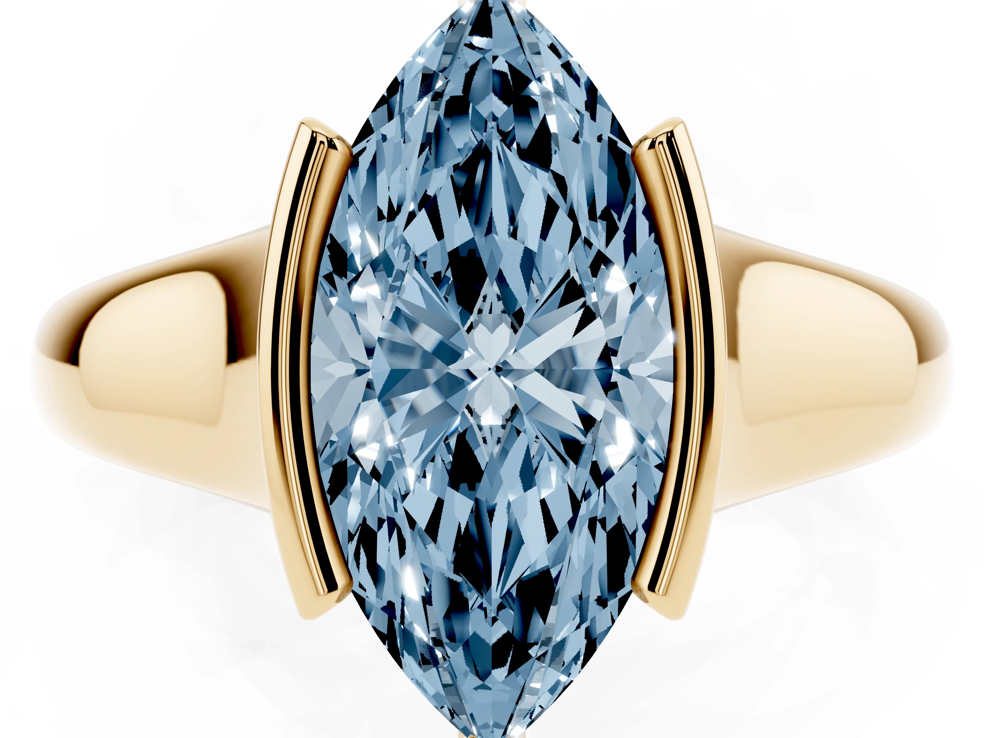 Fancy Blue Marquise Cut Diamond Solitaire Tension Set Ring Set in Yellow gold with Split Shank Band