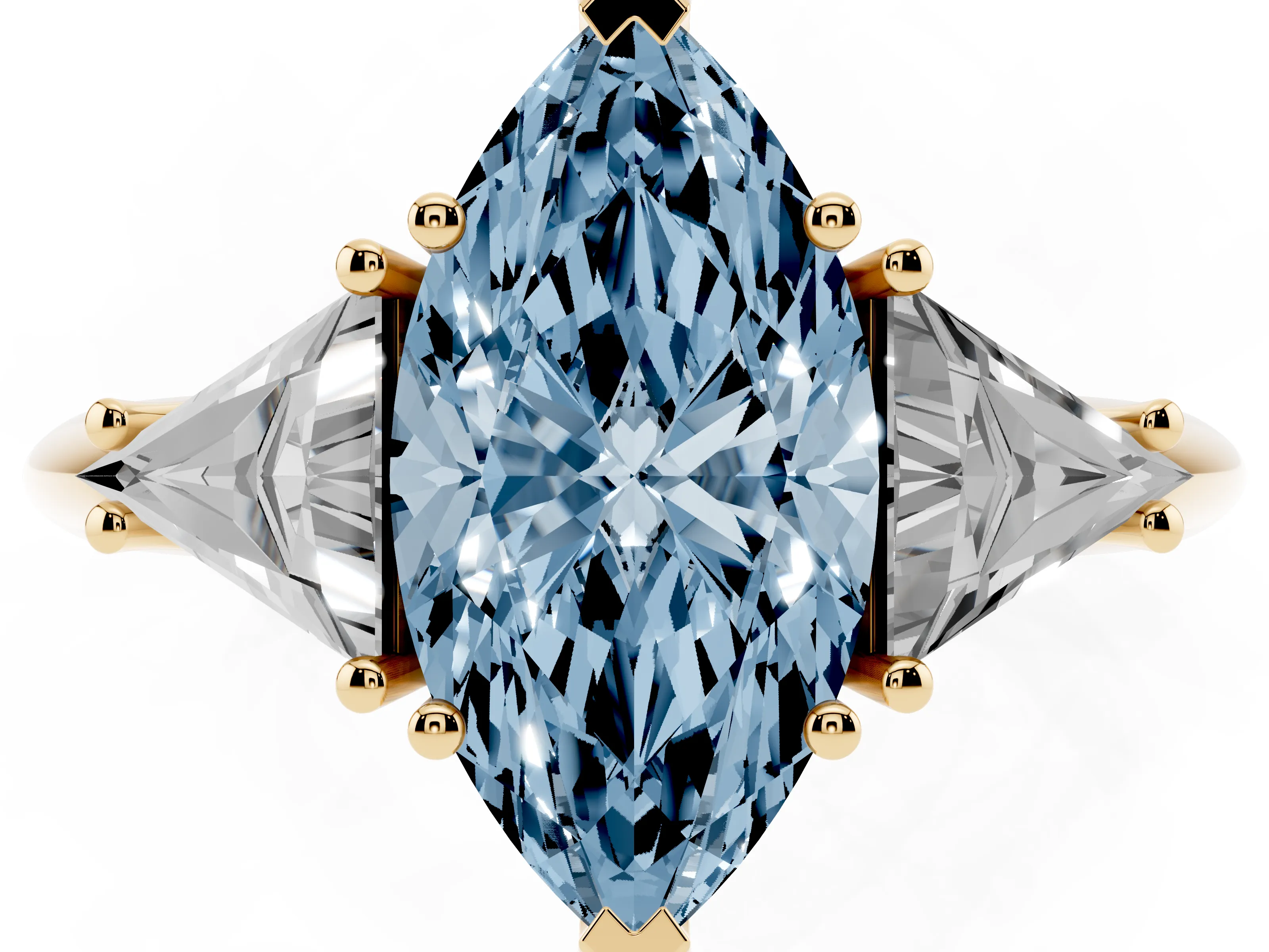 Fancy Blue Marquise Cut Diamond Three-Stone Engagement Ring Set in Yellow gold with Trillion Side Stones