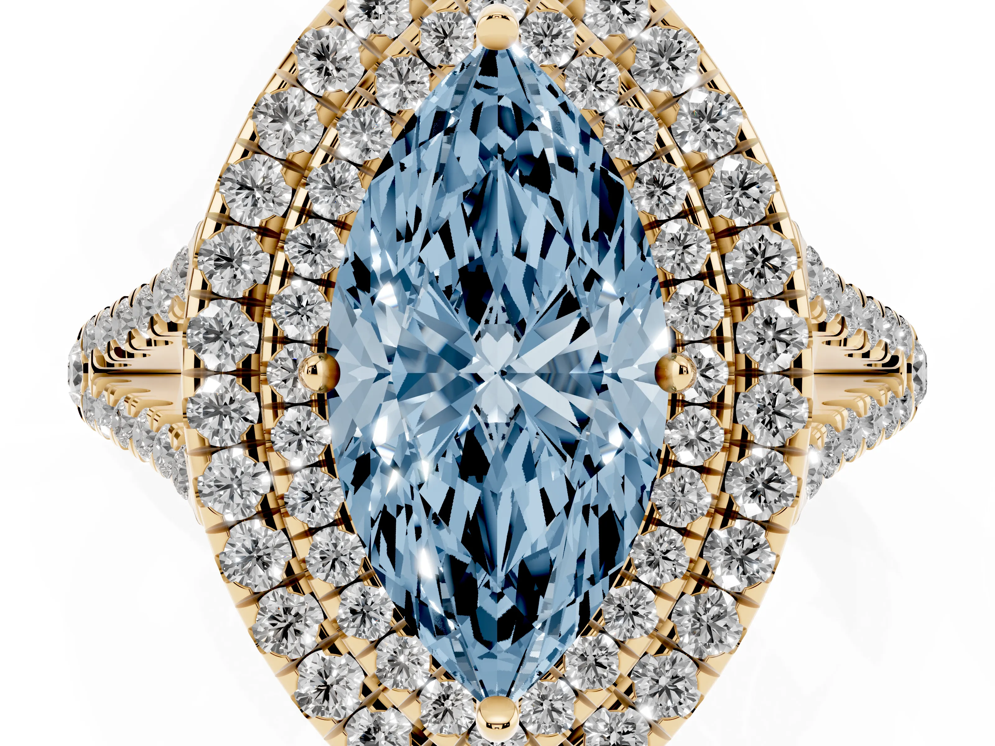 Fancy Blue Marquise Cut Diamond Double Halo Ring Set in Yellow gold with Pavé Band