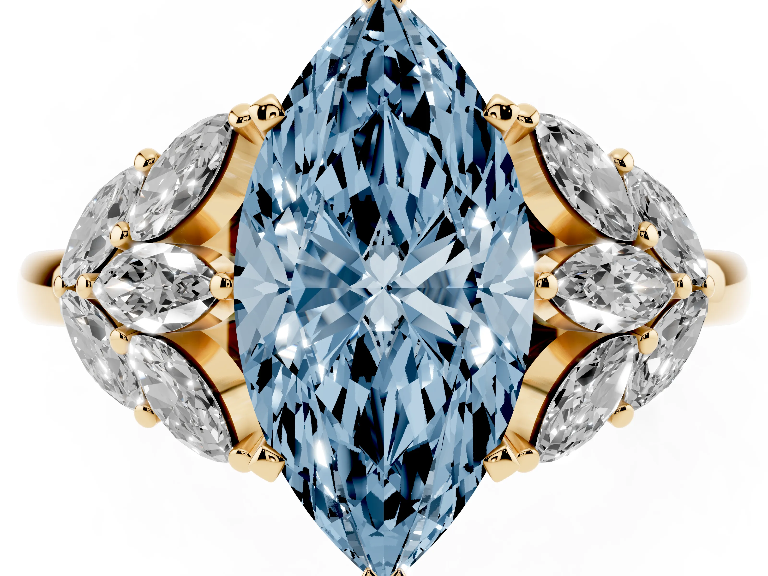 Fancy Blue Marquise Cut Diamond Cluster Leaf Design Ring Set in Yellow gold with Prong Setting