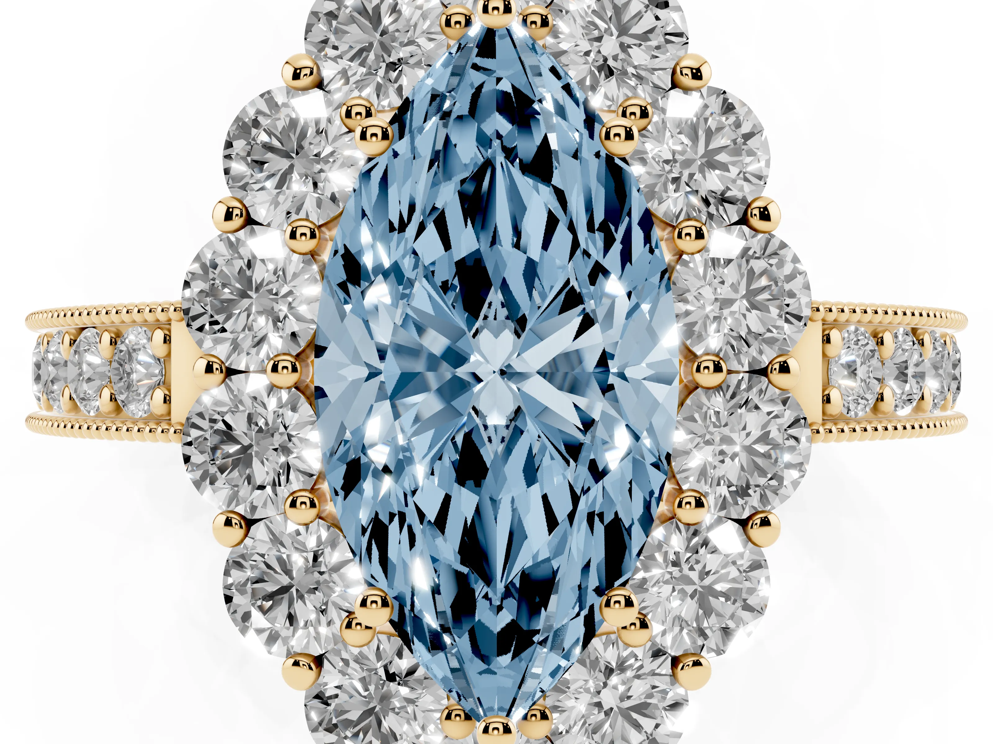 Fancy Blue Marquise Cut Diamond Halo Pavé Engagement Ring Set in Yellow gold with Milgrain Detailing
