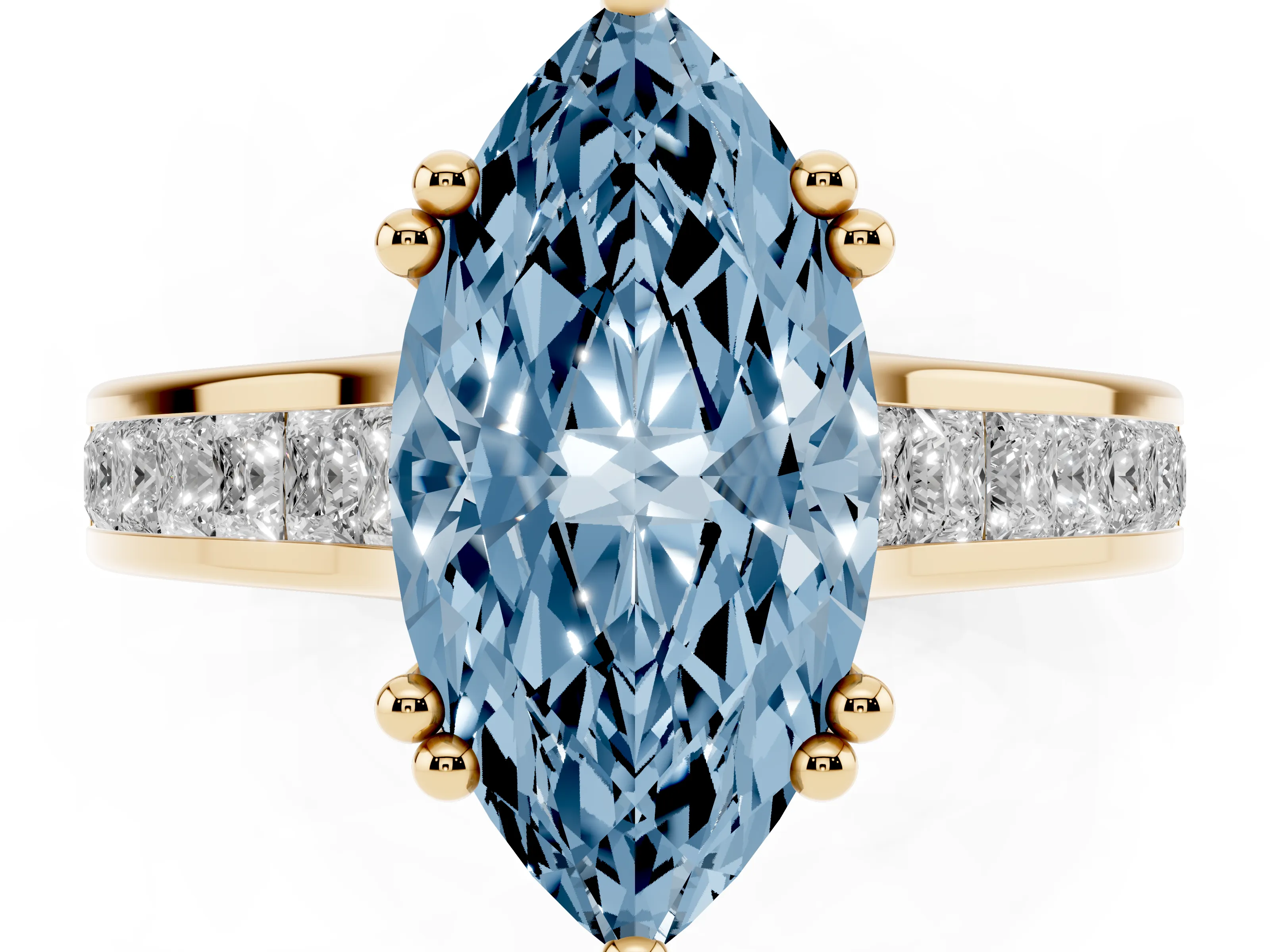 Fancy Blue Marquise Cut Diamond Channel Set Solitaire Engagement Ring Set in Yellow gold with Prong Setting