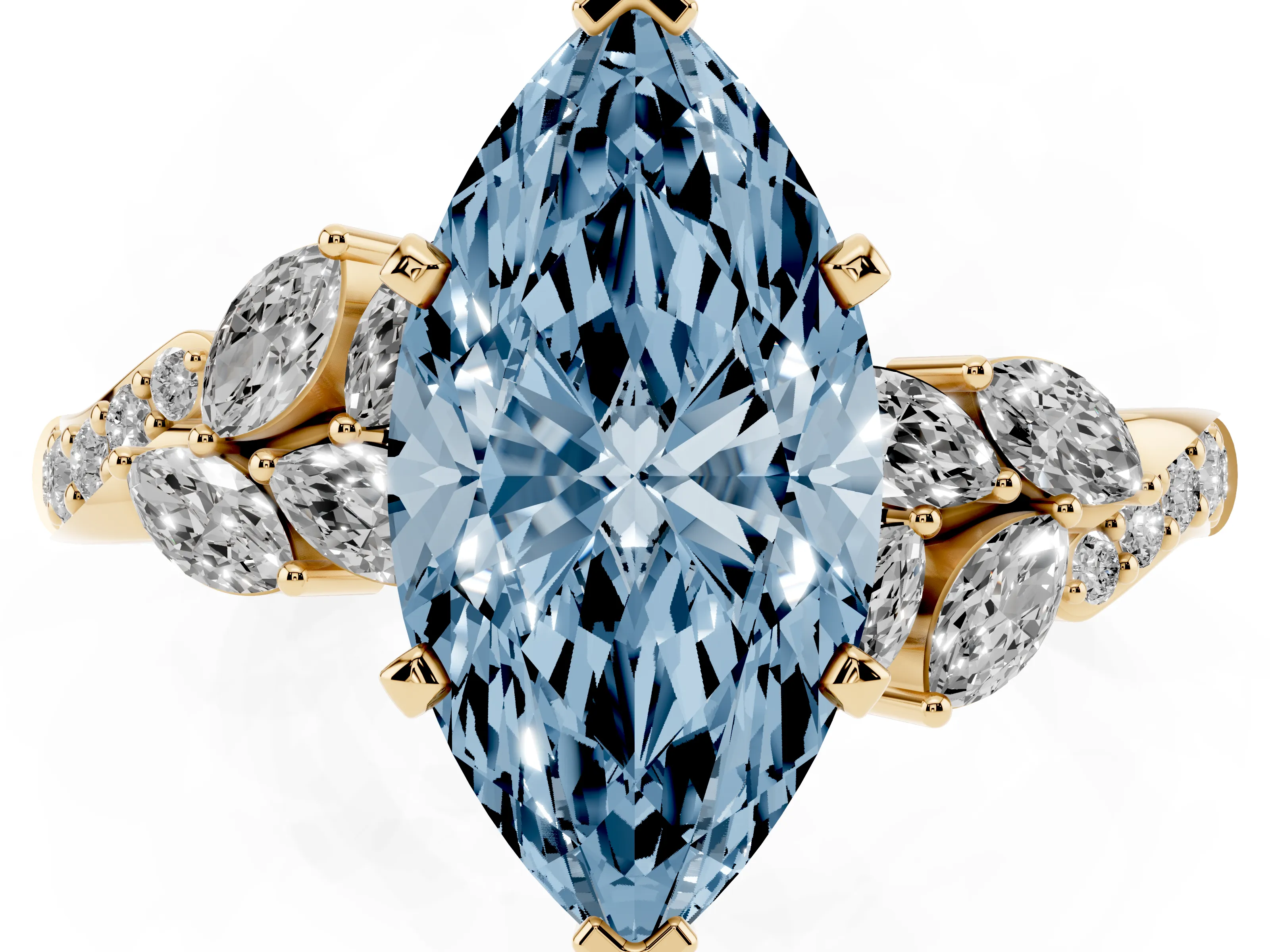 Fancy Blue Marquise Cut Diamond Solitaire Ring Set in Yellow gold with Marquise Twist Band and Prong Setting