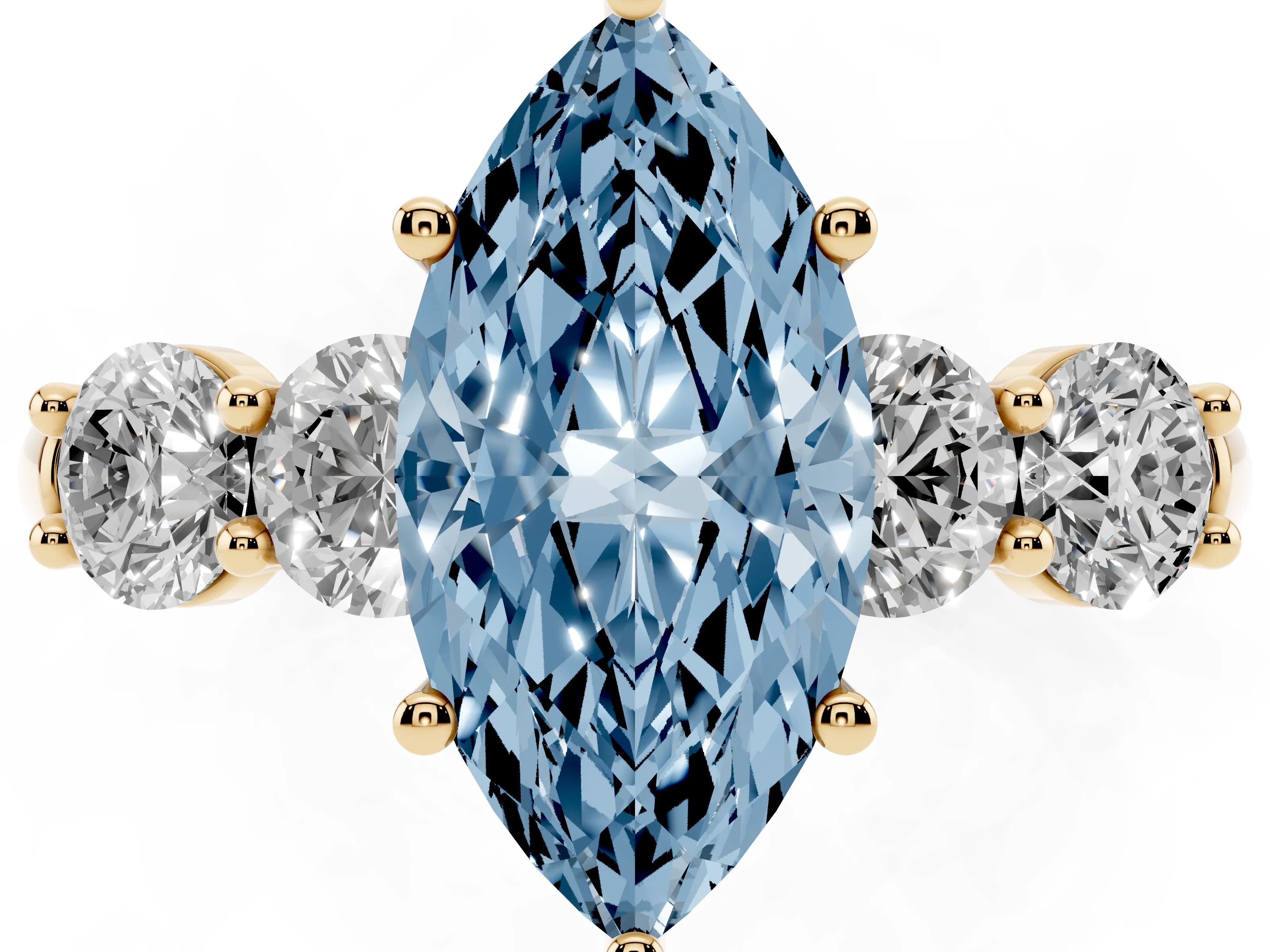Fancy Blue Marquise Cut Diamond Five-Stone Prong Set Ring Set in Yellow gold with Classic Band