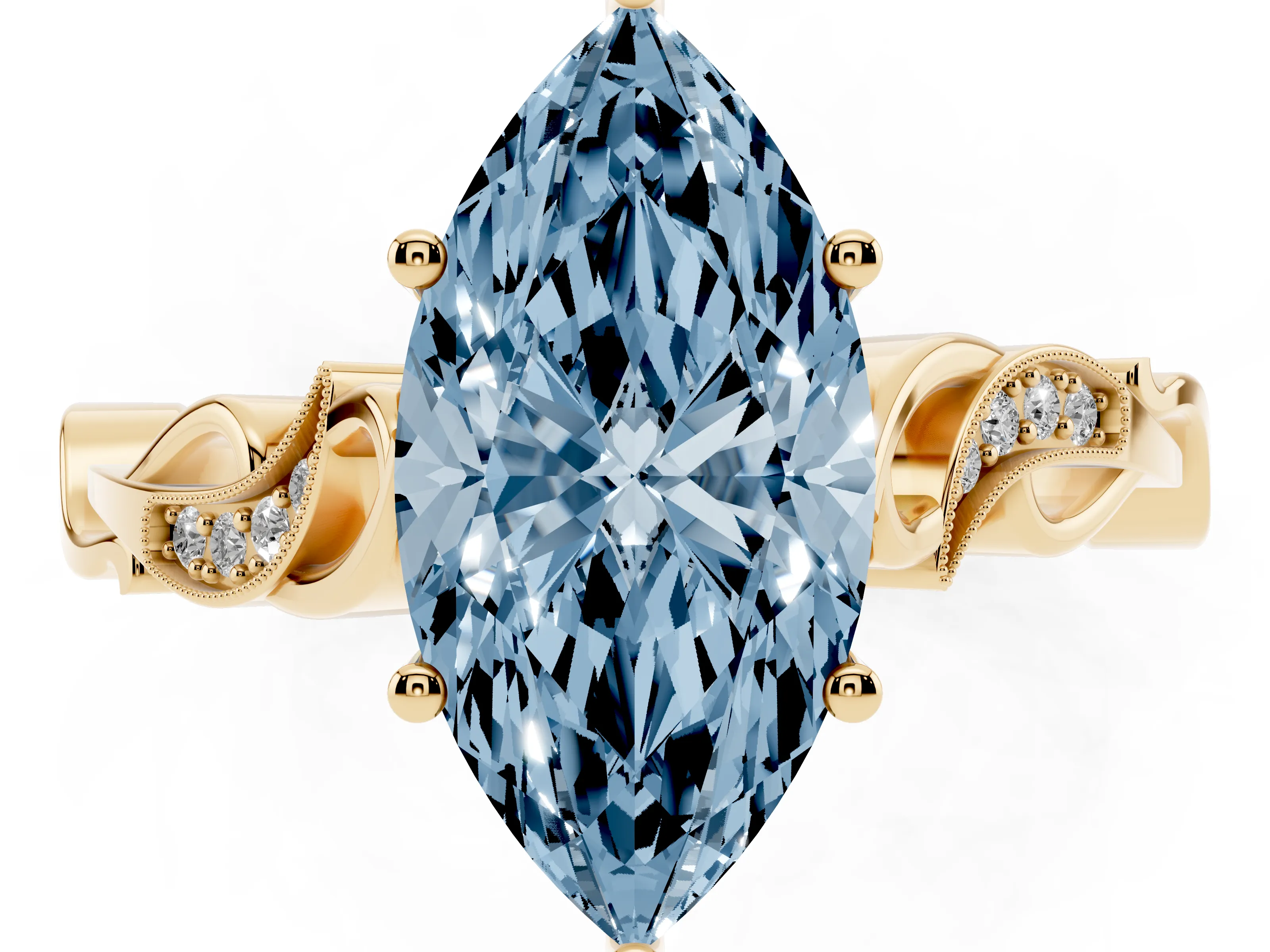 Fancy Blue Marquise Cut Diamond Vine Band Solitaire Ring Set in Yellow gold with Milgrain Prong Setting