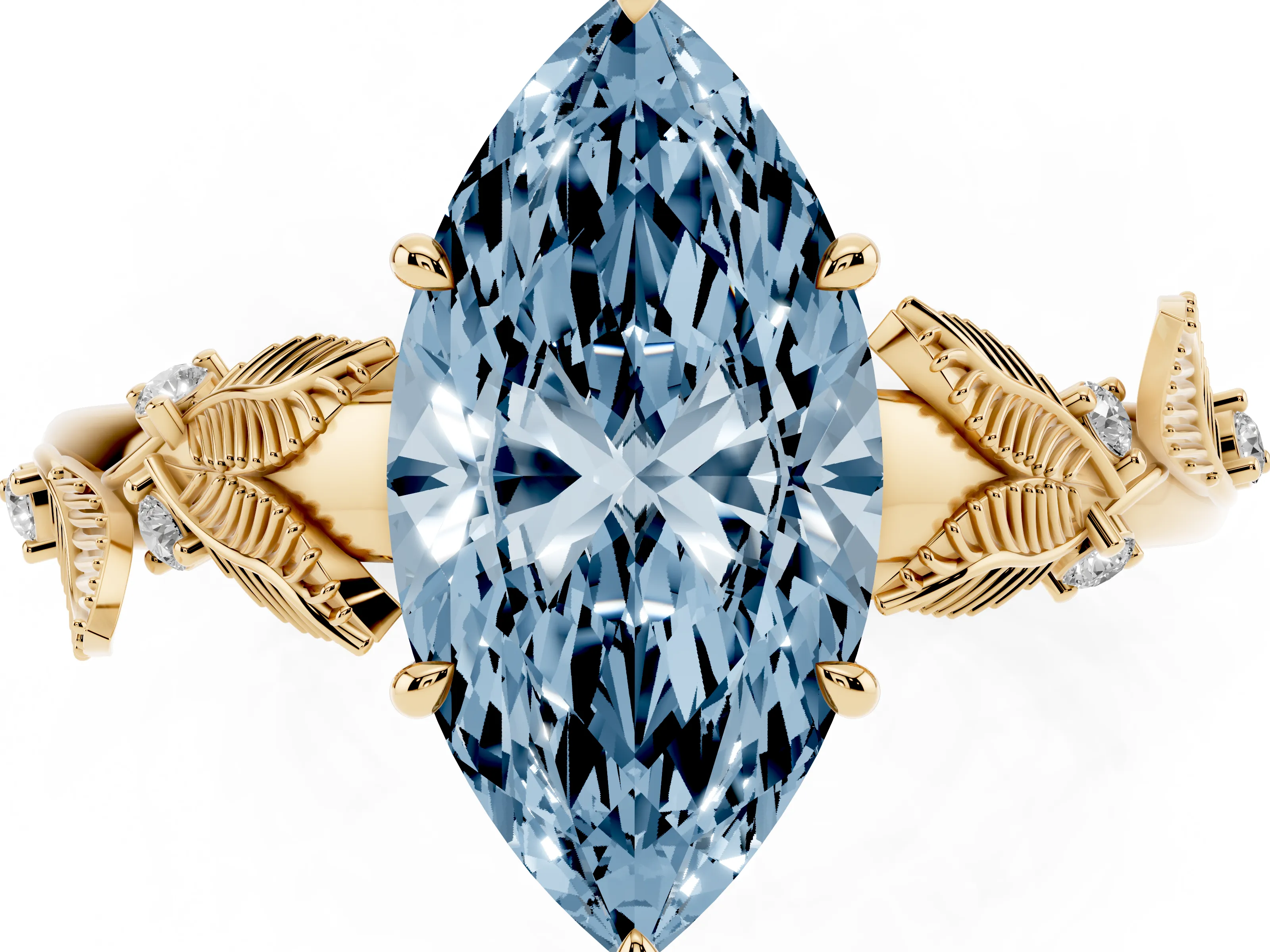 Fancy Blue Marquise Cut Diamond Solitaire Ring Set in Yellow gold with Leaf Motif Band