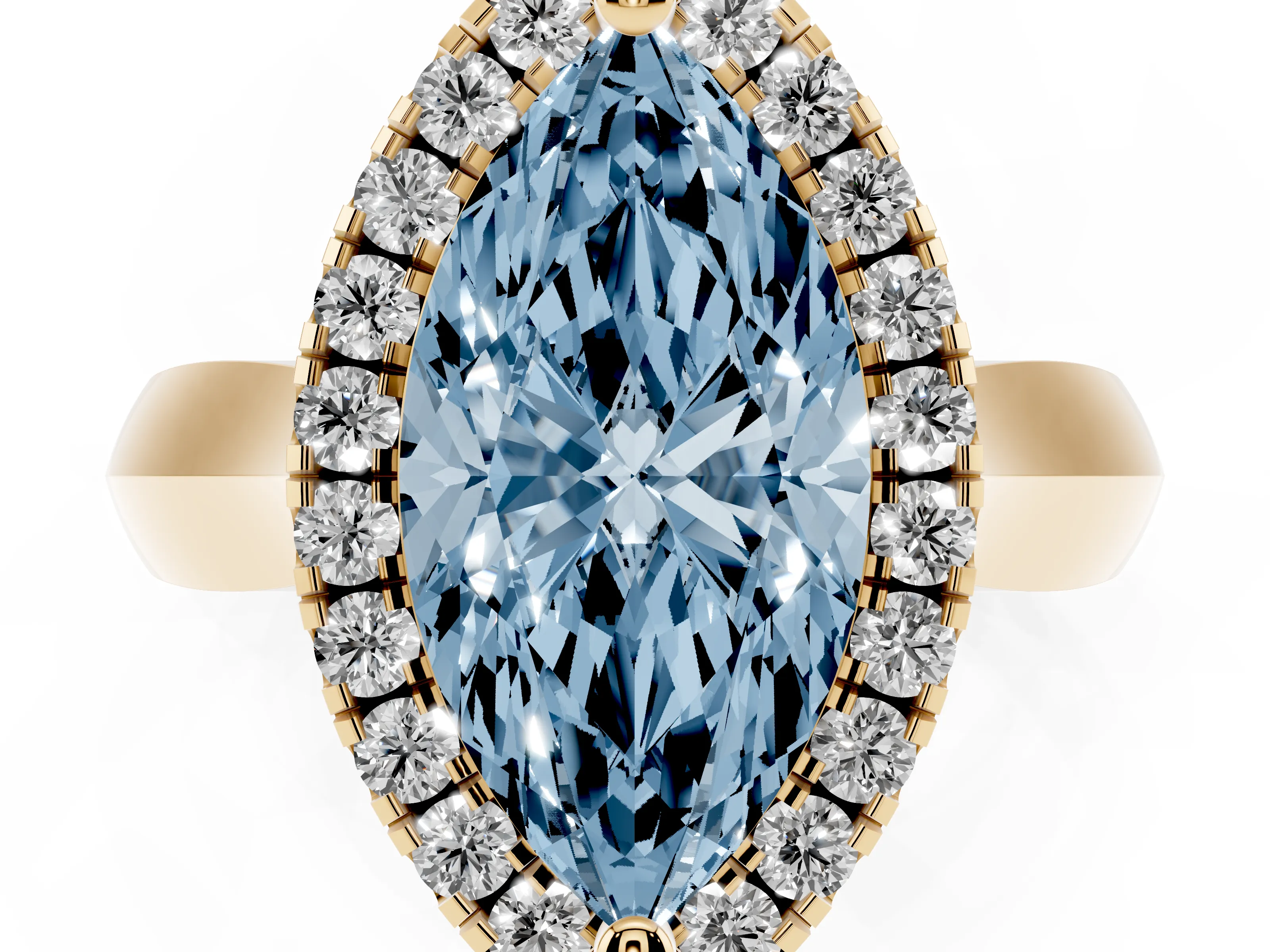 Fancy Blue Marquise Cut Diamond Halo Solitaire Engagement Ring Set in Yellow gold with Square Band and Prong Setting