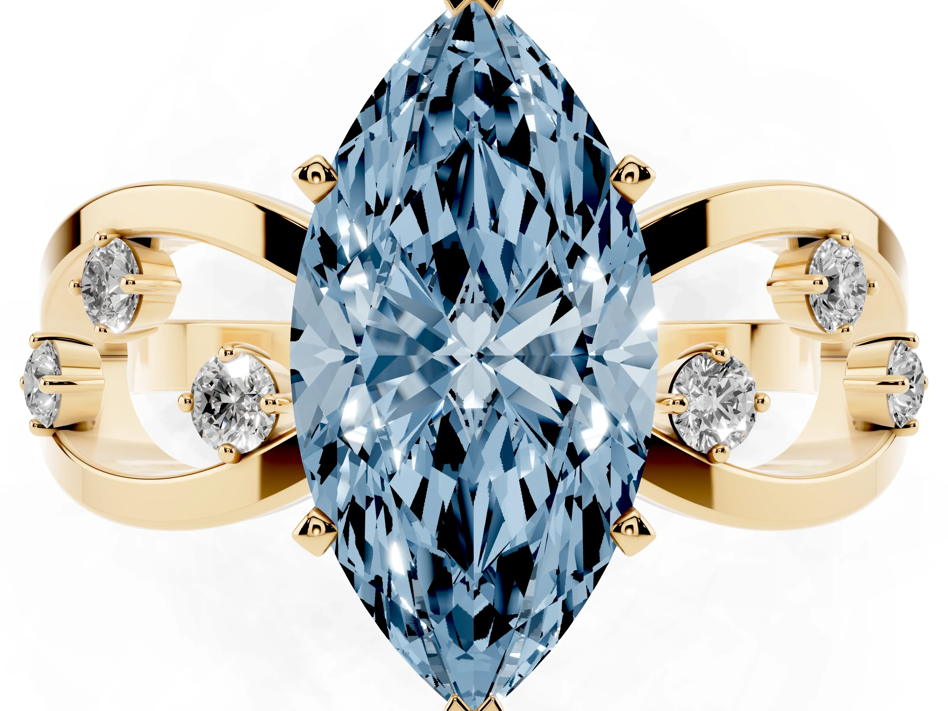 Fancy Blue Marquise Cut Diamond Solitaire Ring Set in Yellow gold with Side Stones on Criss-Cross Band and Prong Setting
