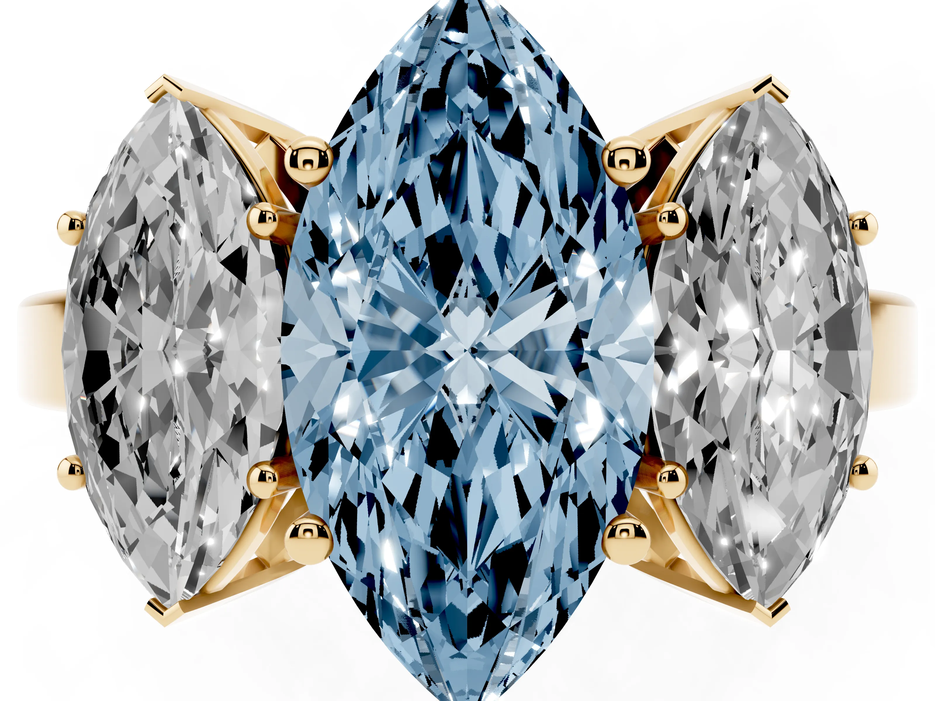Fancy Blue Marquise Cut Diamond Three-Stone Engagement Ring Set in Yellow gold with Flat Band