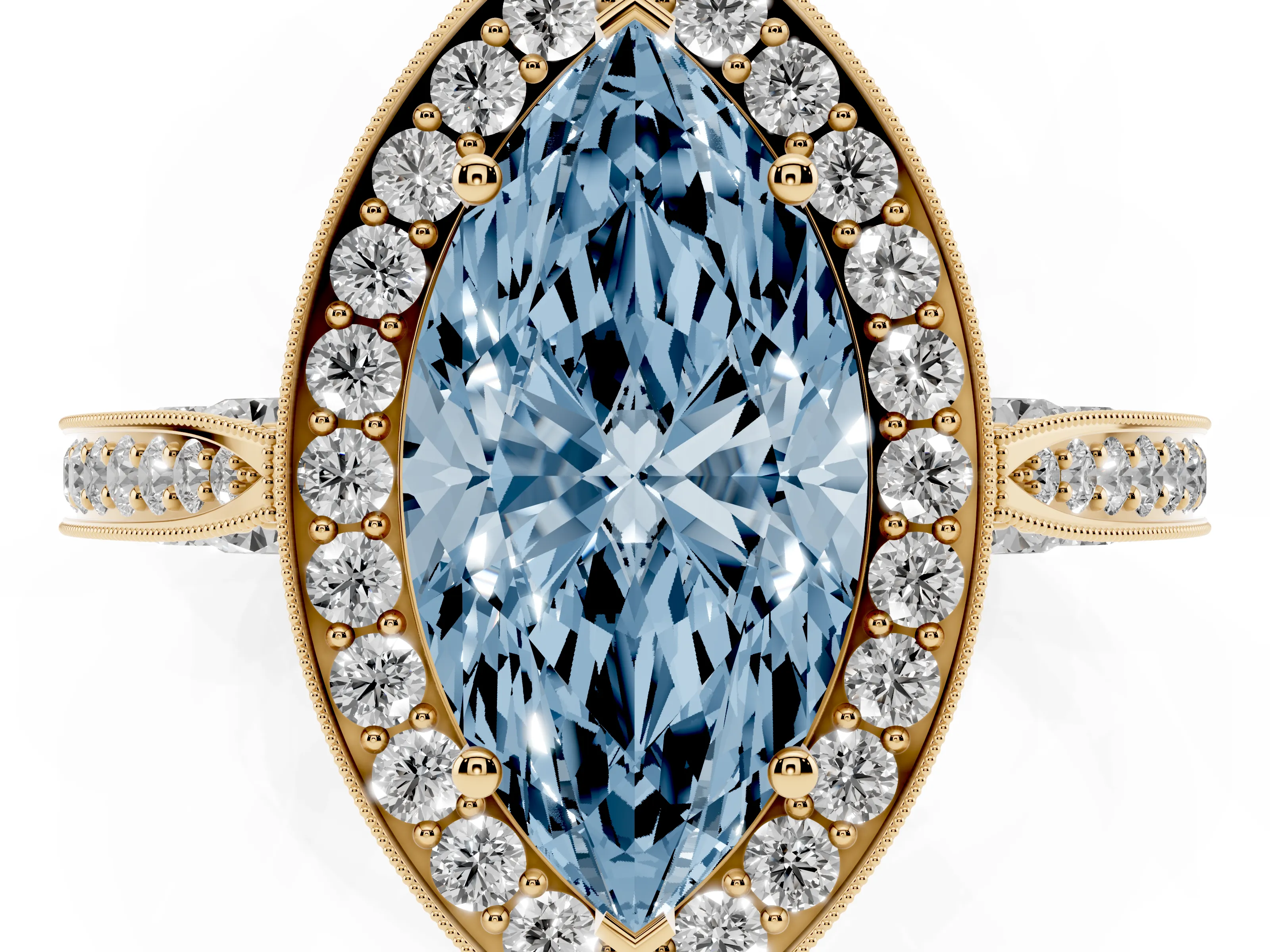 Fancy Blue Marquise Cut Diamond Halo Engagement Ring Set in Yellow gold with Accent Split Shank Band