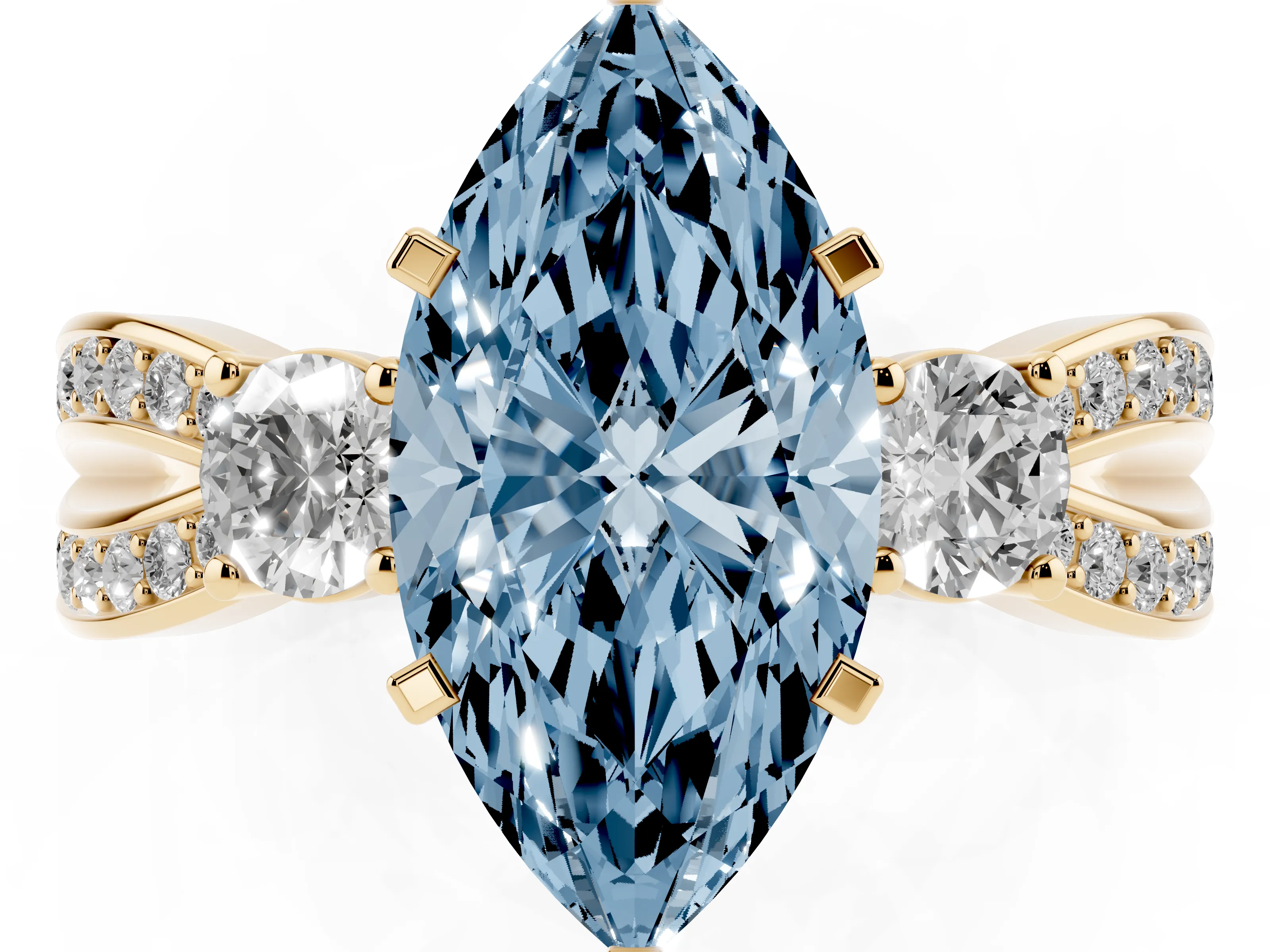 Fancy Blue Three-Stone Marquise Cut Diamond Twist Band Ring Set in Yellow gold with Pavé Accents and Prong Setting