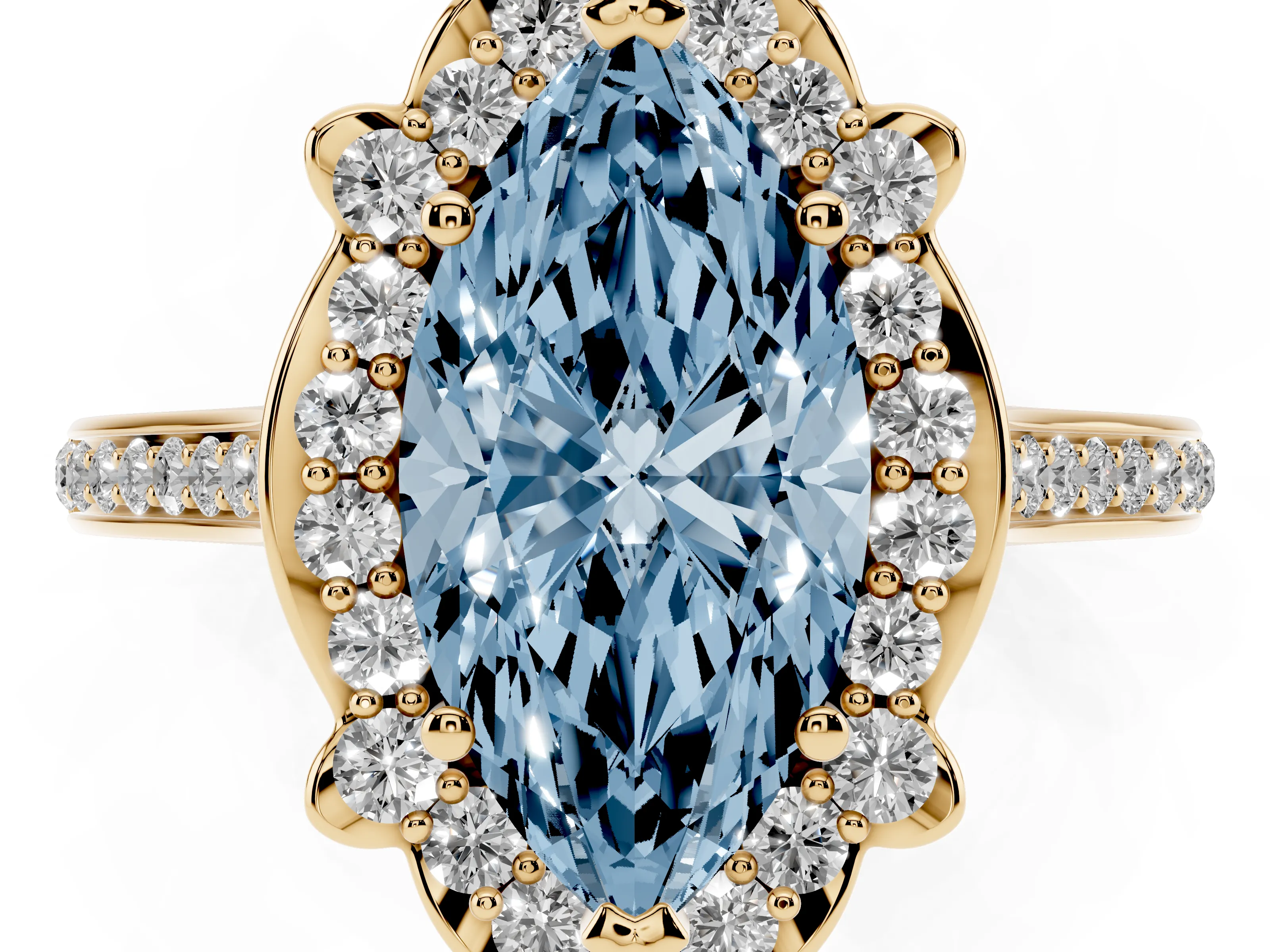 Fancy Blue Marquise Cut Diamond Halo Ring Set in Yellow gold with Pavé-Lined Shoulders and Prong Setting