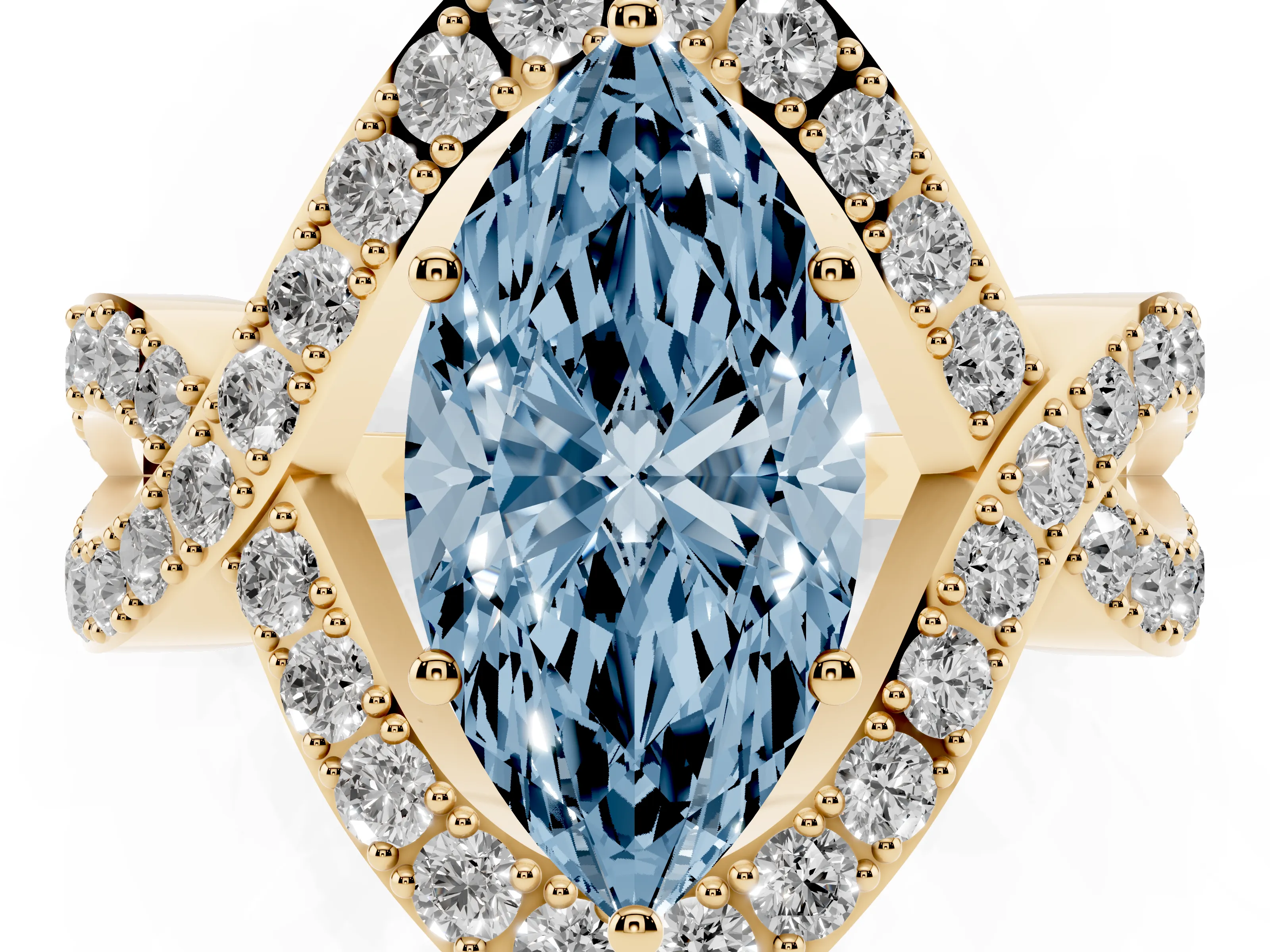 Fancy Blue Marquise Cut Diamond Solitaire Twist Band Pavé Engagement Ring Set in Yellow gold
