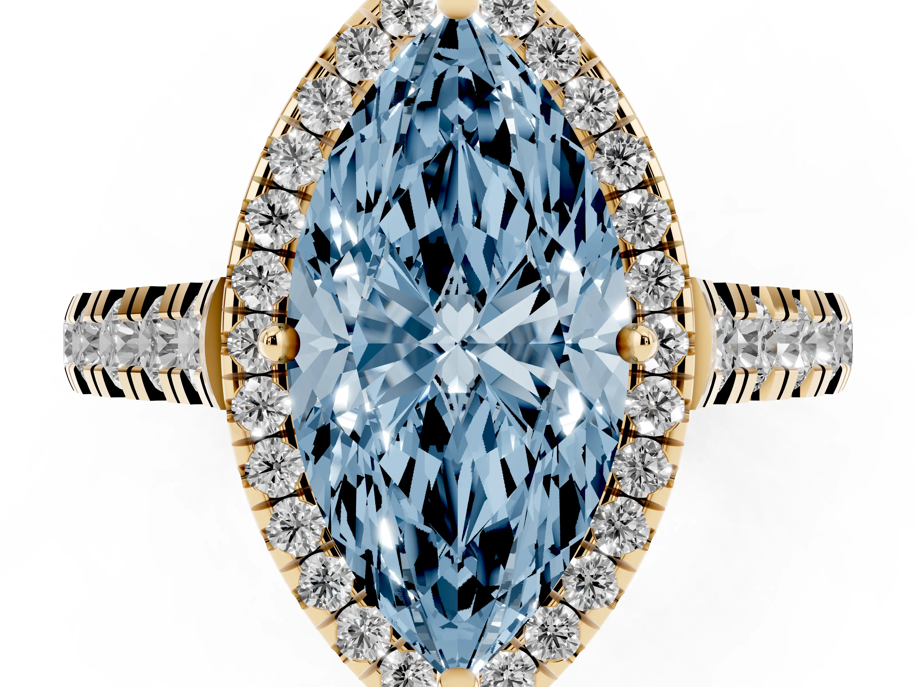 Fancy Blue Marquise Cut Diamond Halo Engagement Ring Set in Yellow gold with Pavé Band and Prong-Set Center