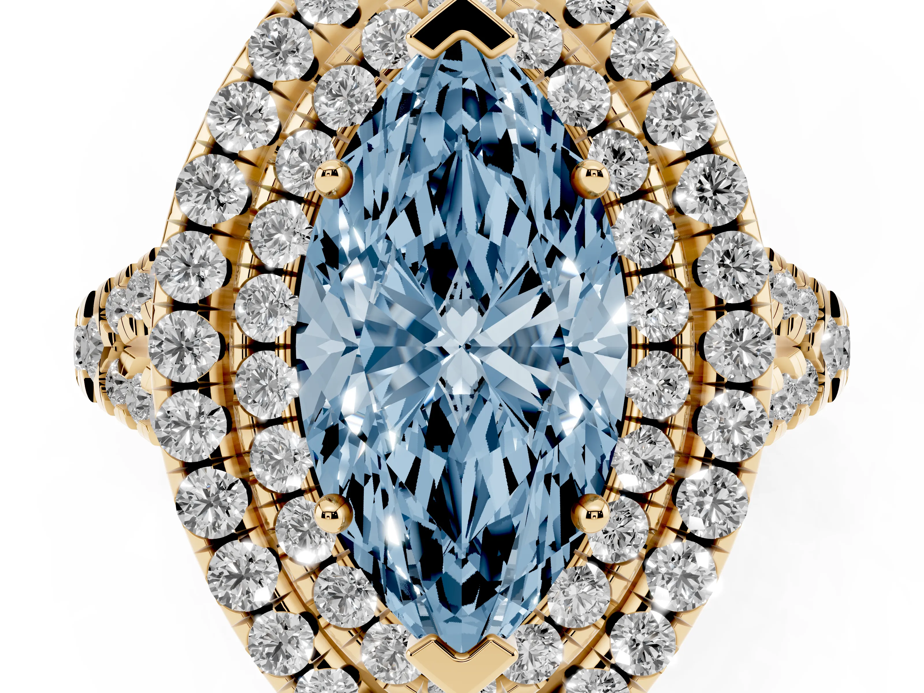 Fancy Blue Marquise Cut Diamond Double Halo Ring Set in Yellow gold with Pavé Split Shank and Prong Setting