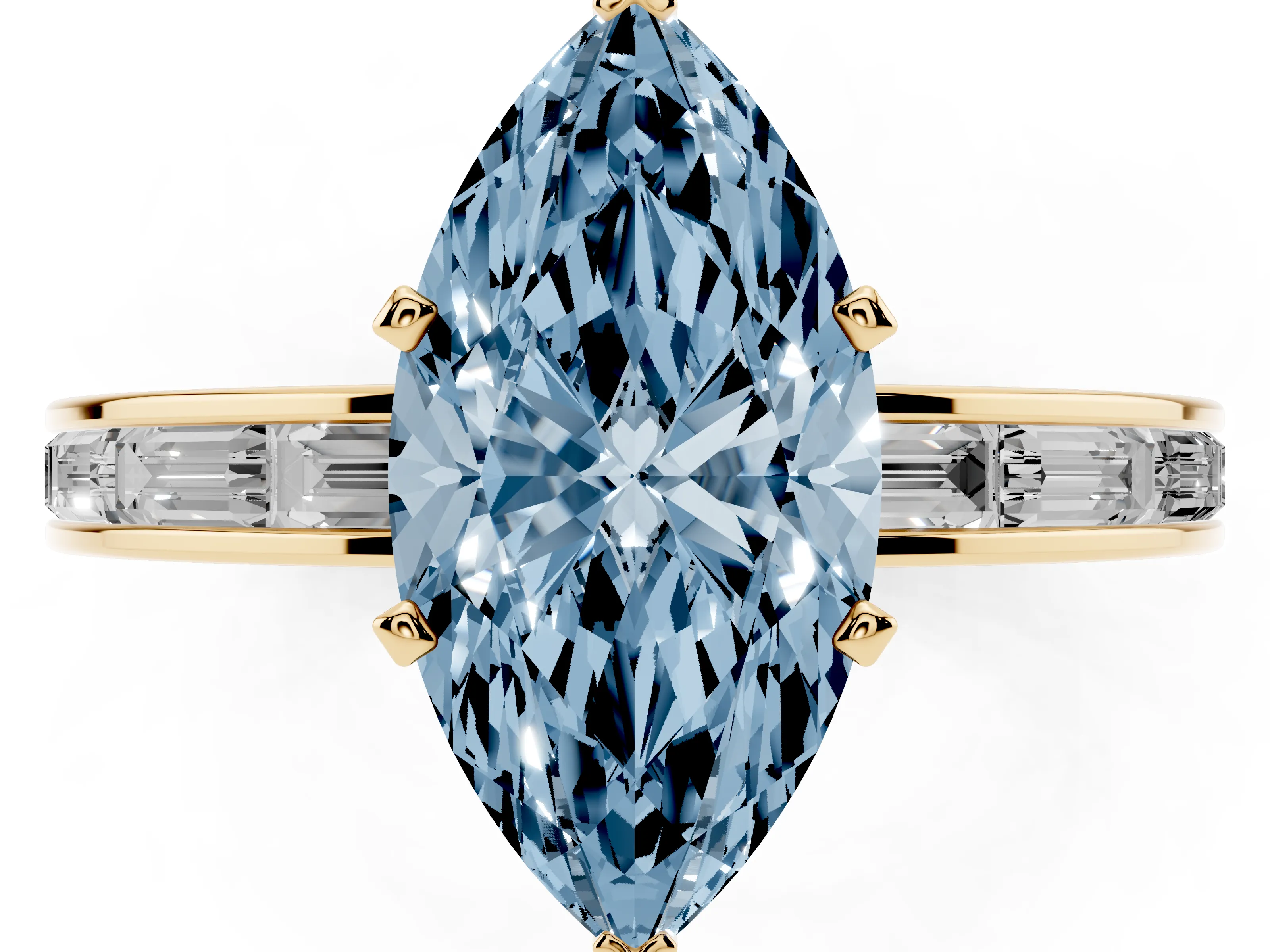 Fancy Blue Marquise Cut Diamond Solitaire Ring Set in Yellow gold with Channel-Set Baguette Band and Prong Setting