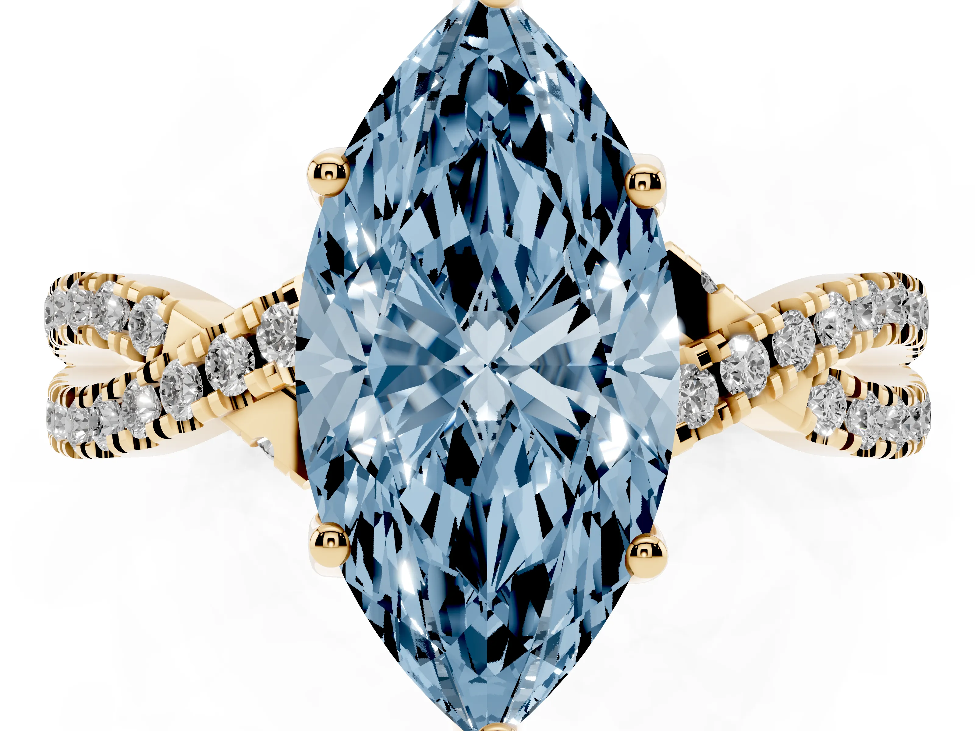 Fancy Blue Marquise Cut Diamond Twist Pavé Solitaire Engagement Ring Set in Yellow gold with Prong Setting