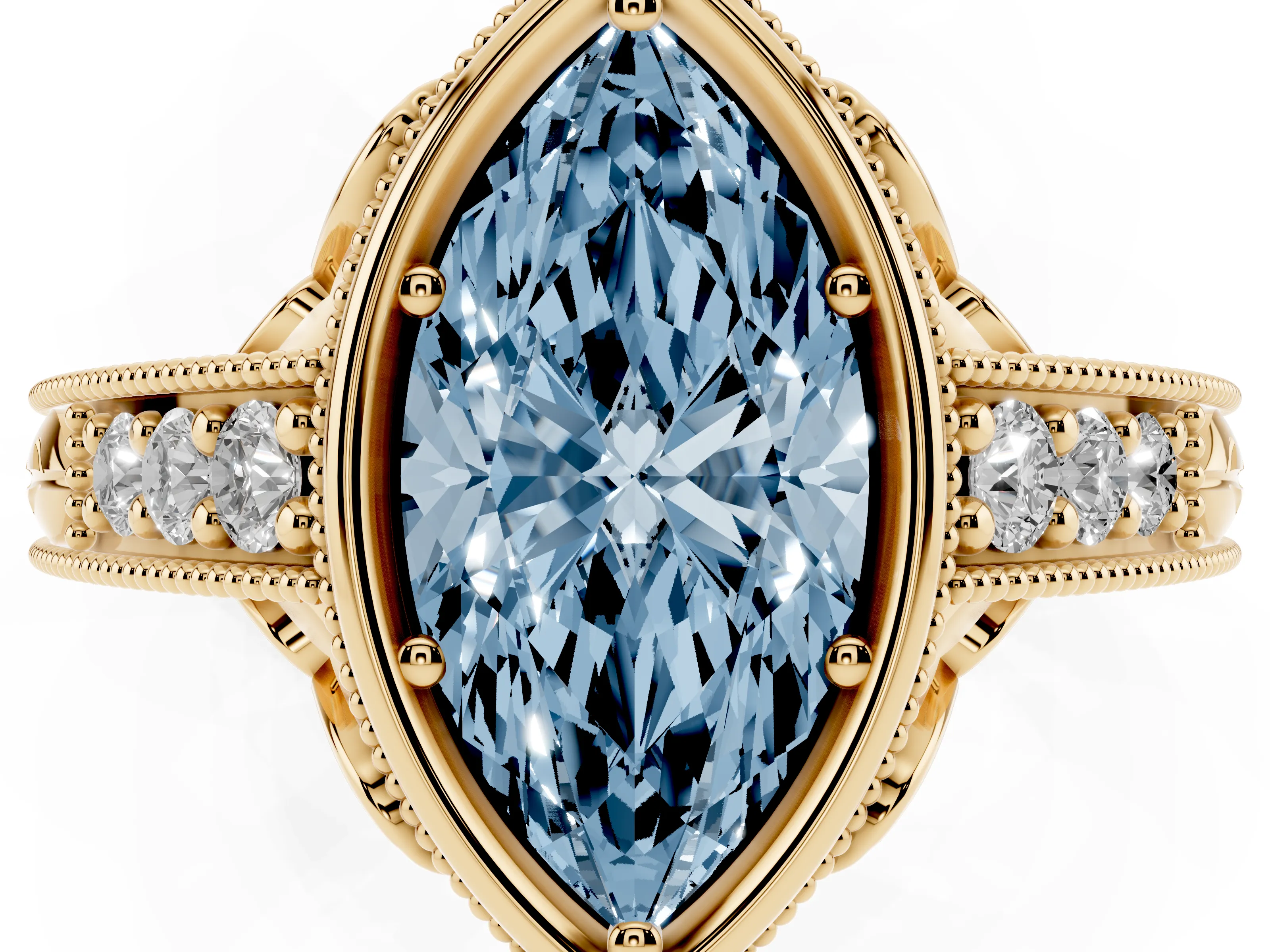 Fancy Blue Bezel Set Marquise Cut Diamond Milgrain Pavé Engagement Ring Set in Yellow gold