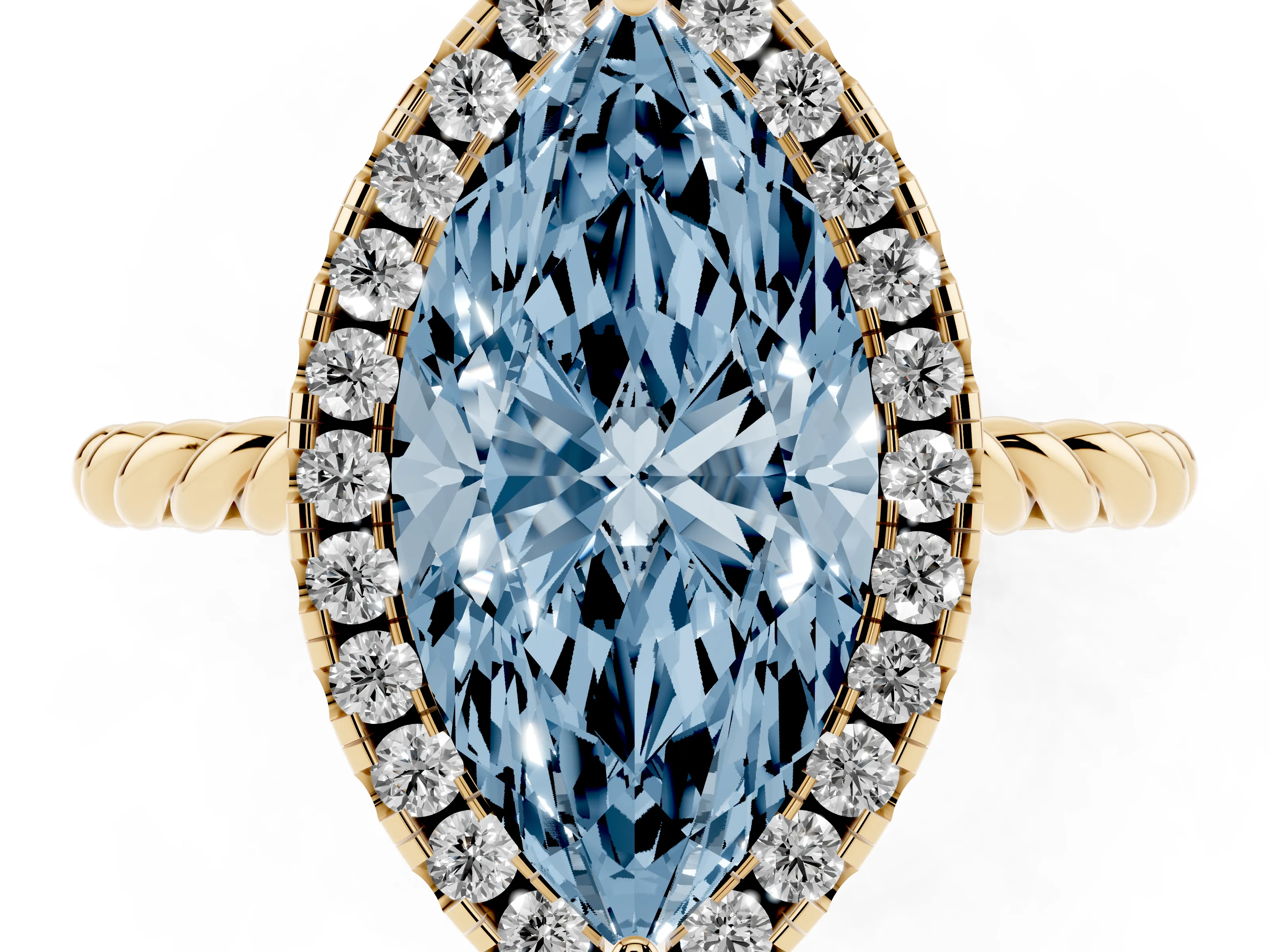 Fancy Blue Marquise Cut Diamond Halo Ring Set in Yellow gold with Plain Twisted Band