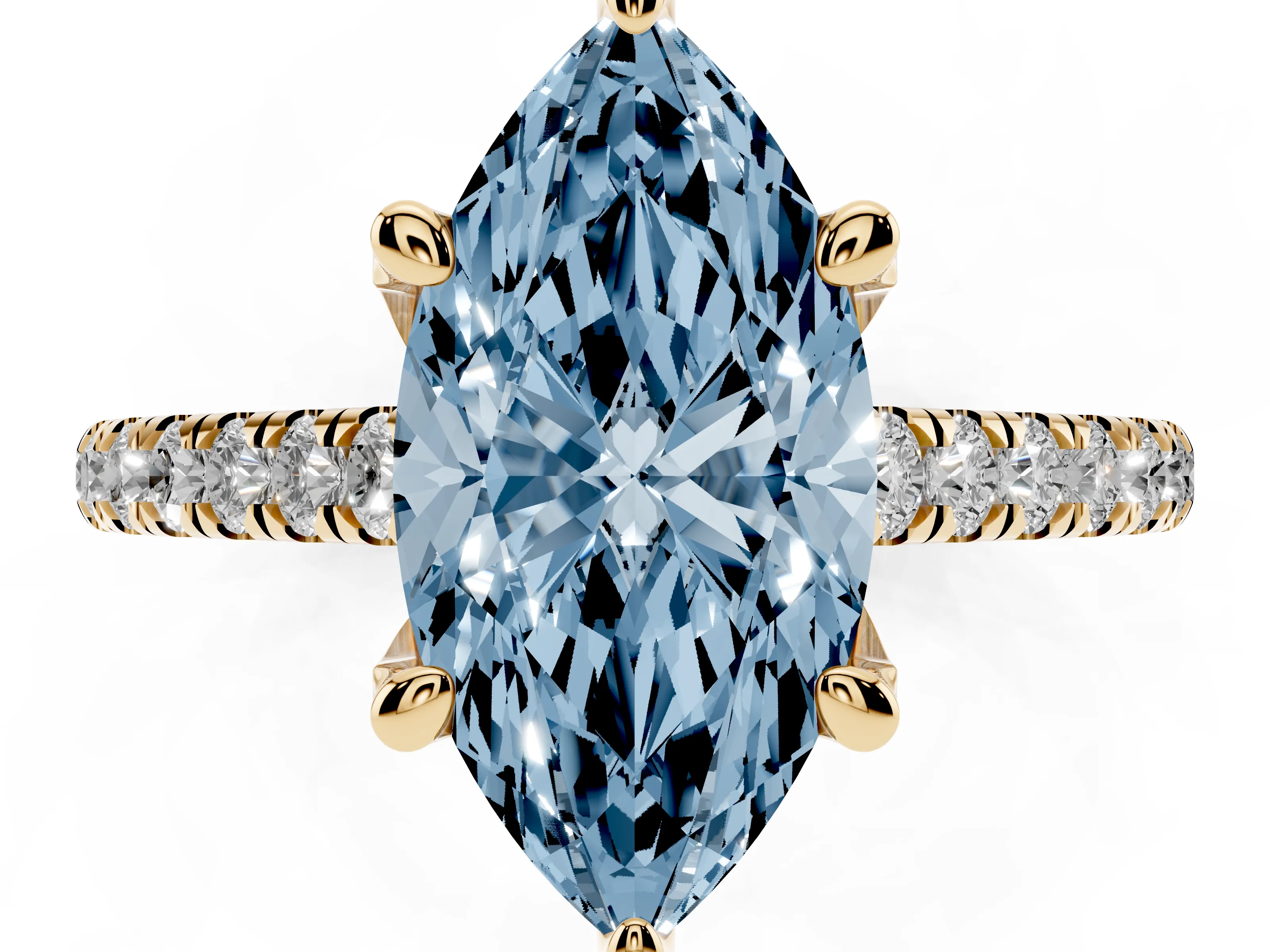 Fancy Blue Marquise Cut Diamond Solitaire Ring Set in Yellow gold with Brilliant Pavé Band and Prong Setting