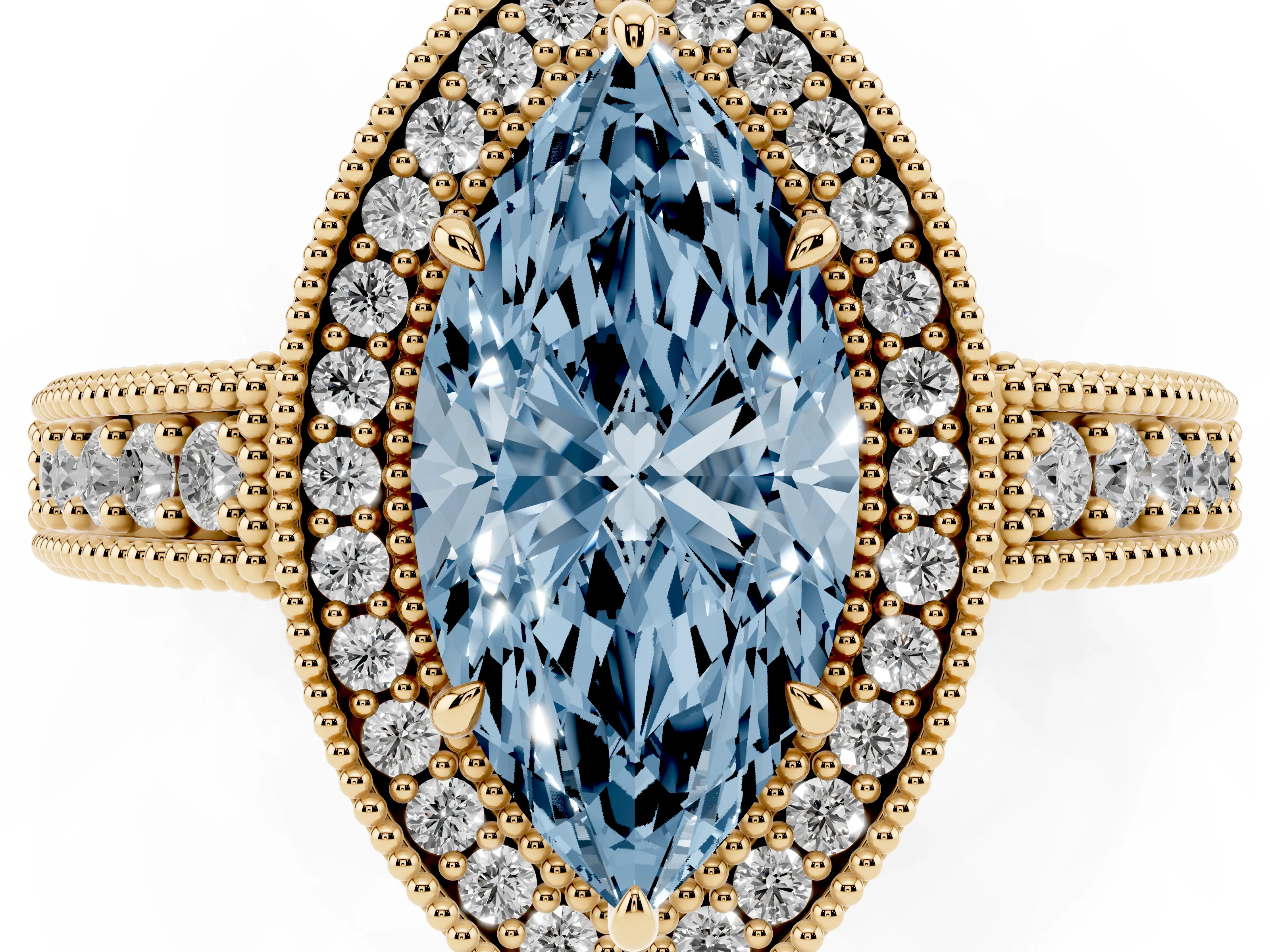 Fancy Blue Marquise Cut Diamond Halo Ring Set in Yellow gold with Round Accent Halo, Pavé Band and Prong Setting