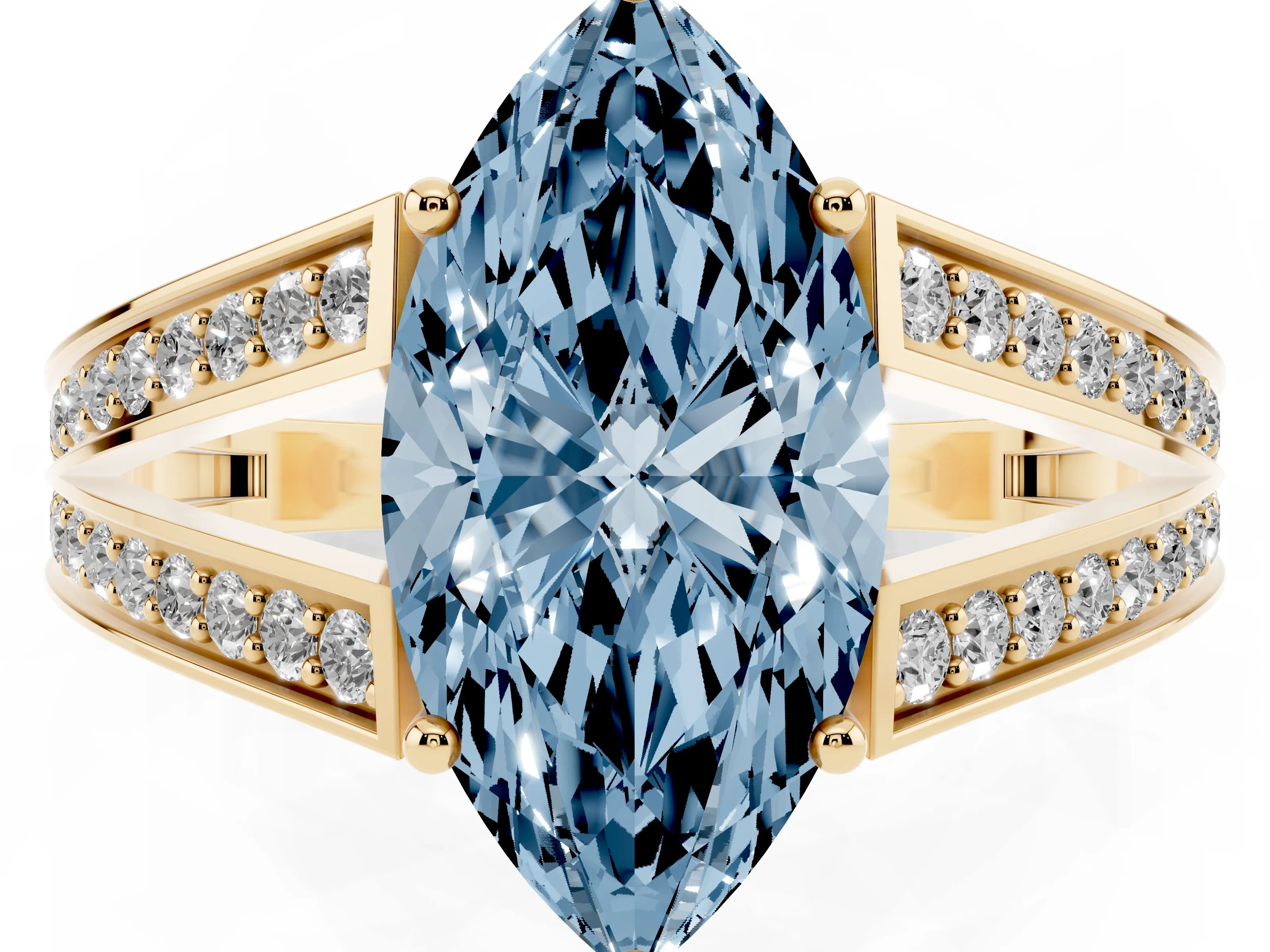 Fancy Blue Marquise Cut Diamond Split Shank Ring Set in Yellow gold with Pavé Band and Prong Setting