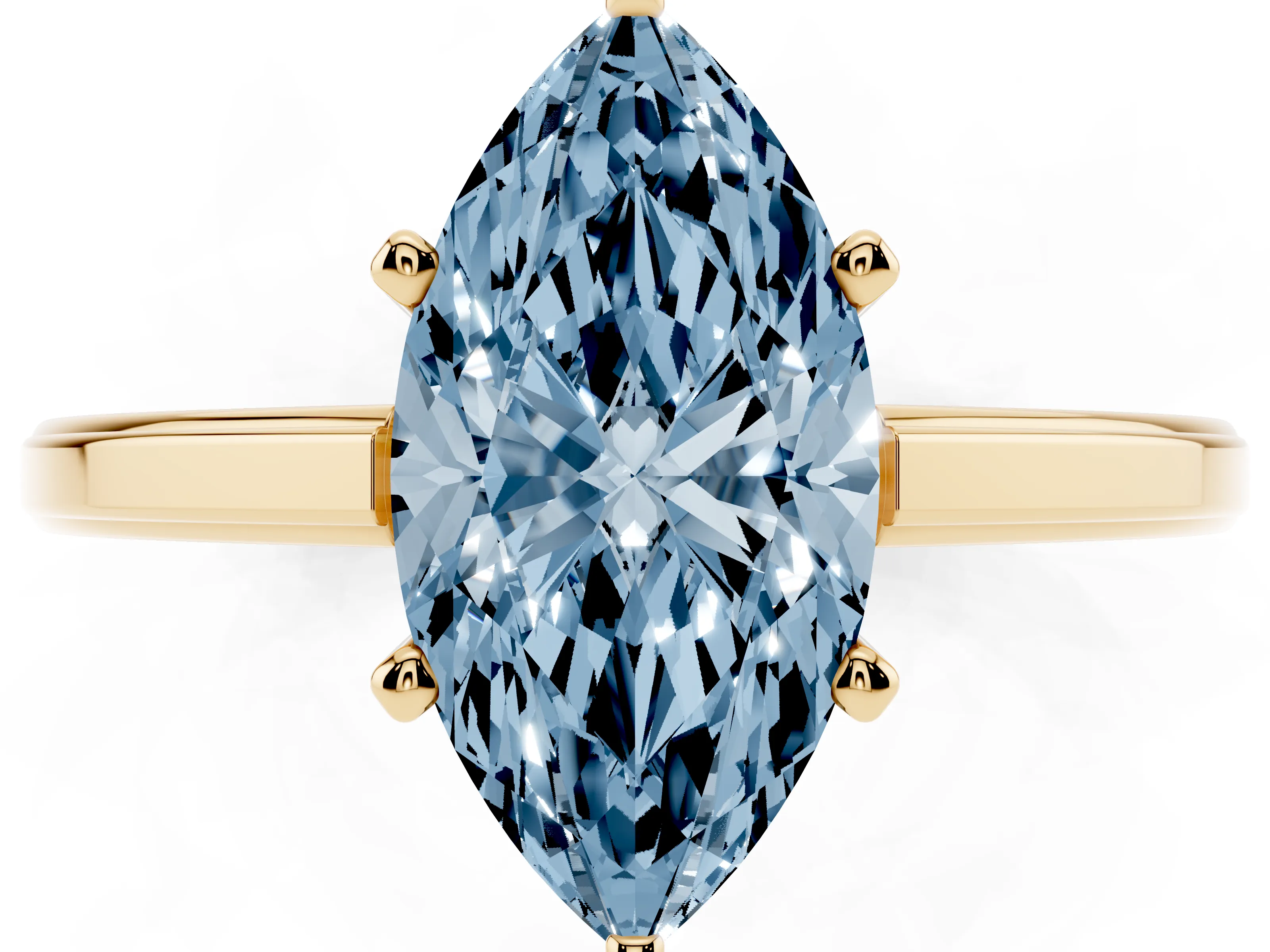 Fancy Blue Marquise Cut Diamond Solitaire Ring Set in Yellow gold with Prong Setting and Classic Band