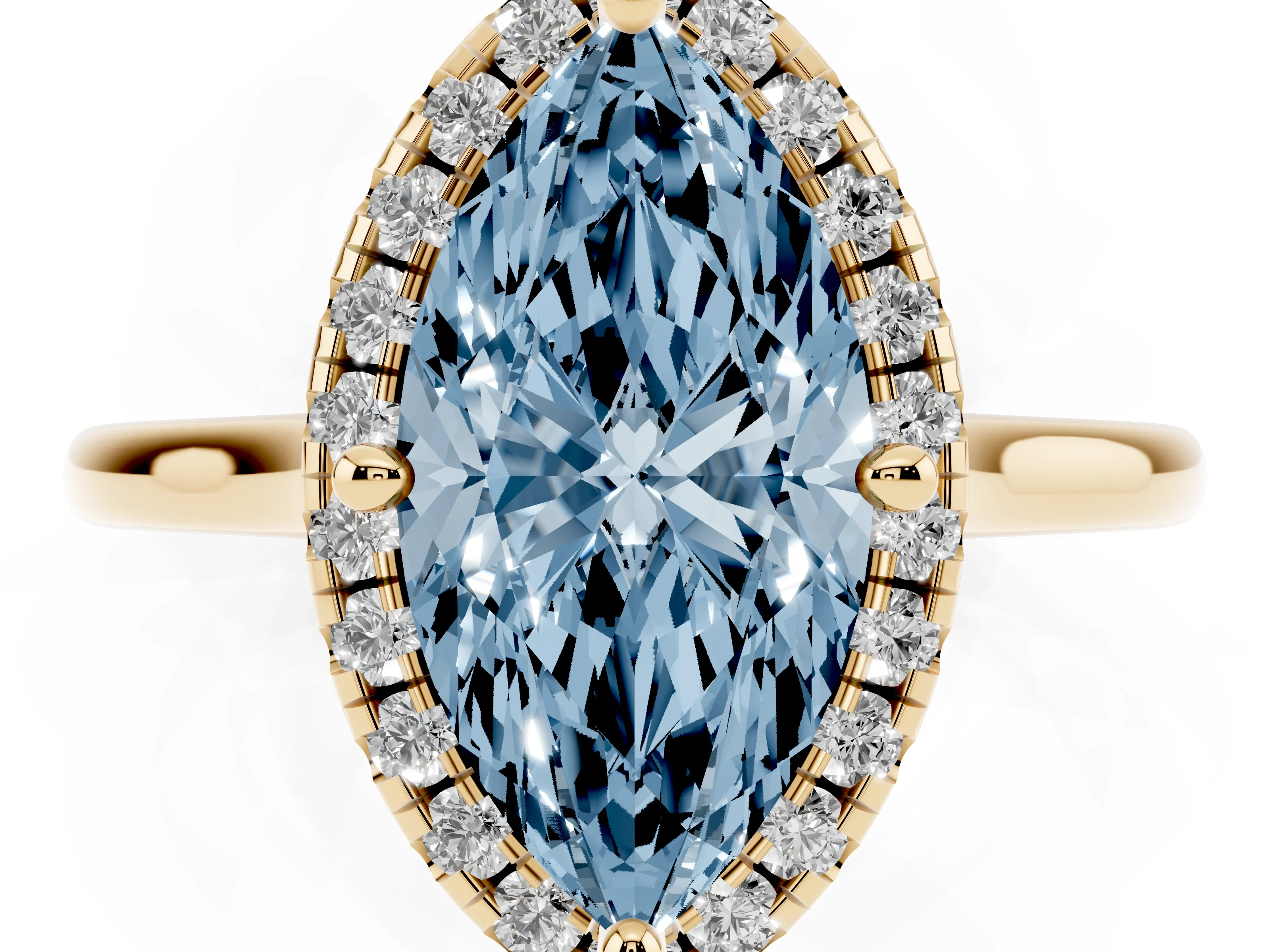 Fancy Blue Marquise Cut Diamond Halo Engagement Ring Set in Yellow gold with Pavé Band and Rising Shoulders