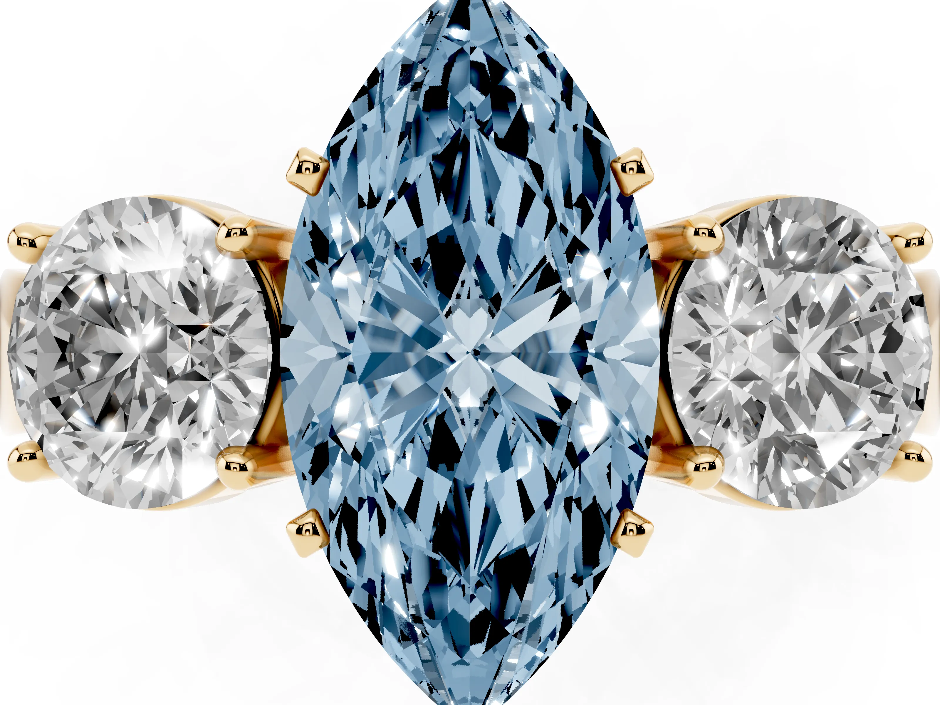 Fancy Blue Marquise Cut Diamond Three-Stone Ring Set in Yellow gold with Round Side Stones and Classic Band