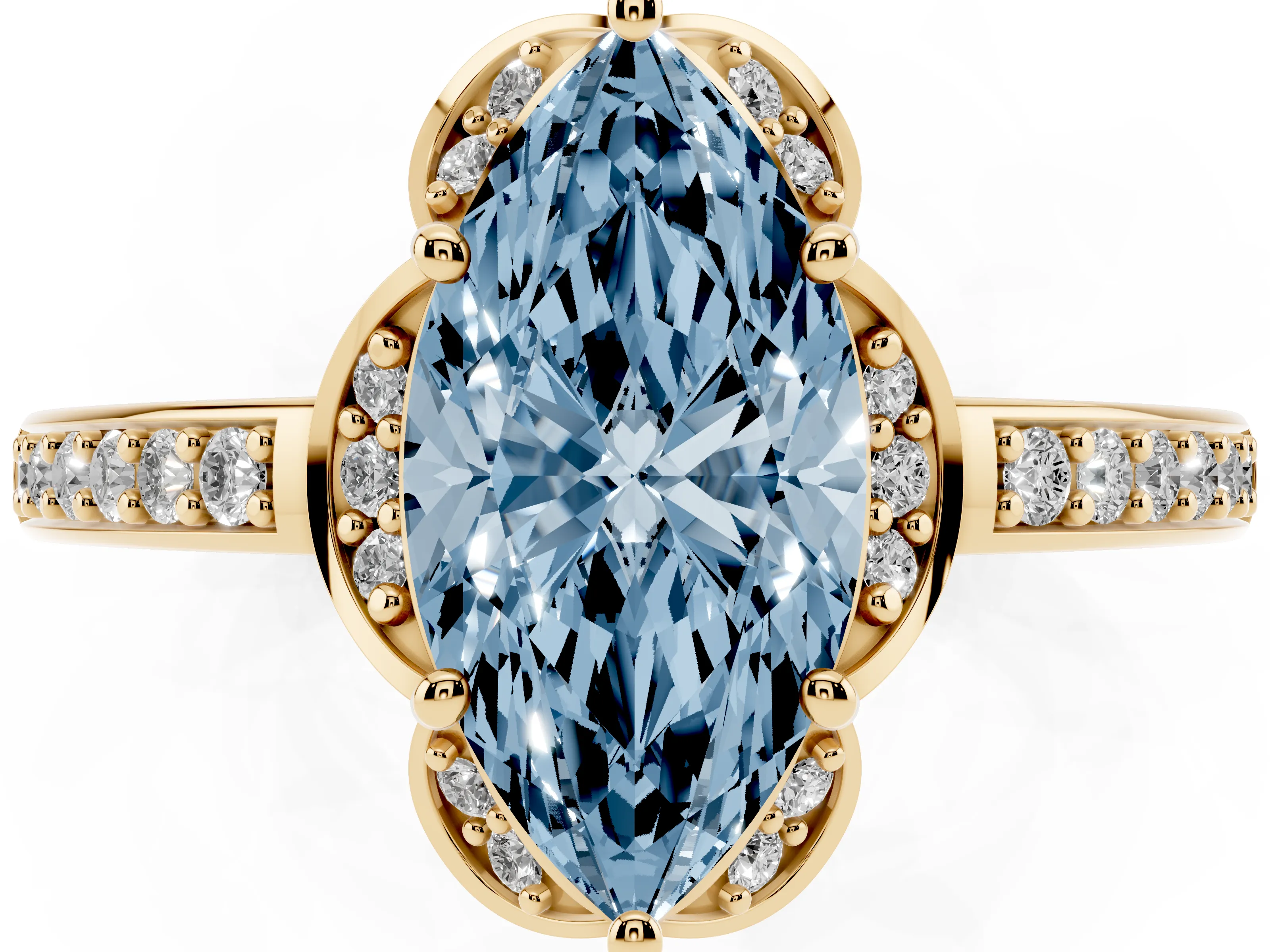Fancy Blue Marquise Cut Diamond Halo Ring Set in Yellow gold with Channel Set Band and Prong Setting