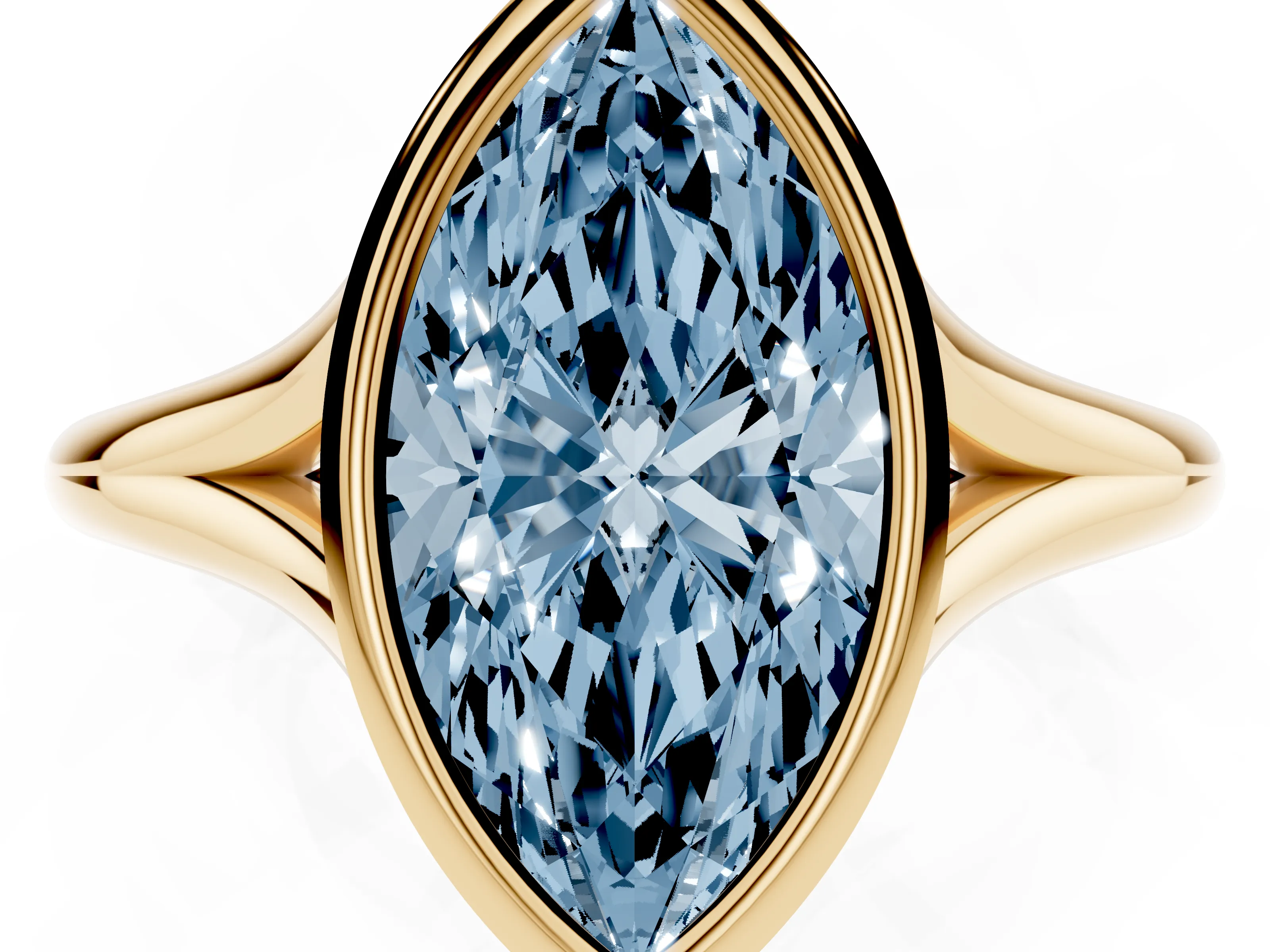 Fancy Blue Bezel Set Marquise Cut Diamond Solitaire Ring Set in Yellow gold with Tapered Band