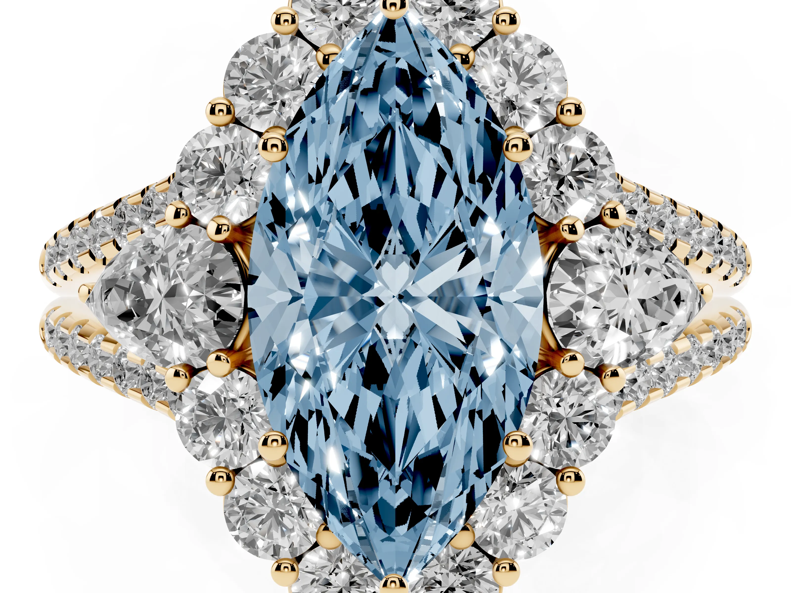 Fancy Blue Marquise Cut Diamond Halo Split Shank Engagement Ring Set in Yellow gold with Prong-Held Center Stone