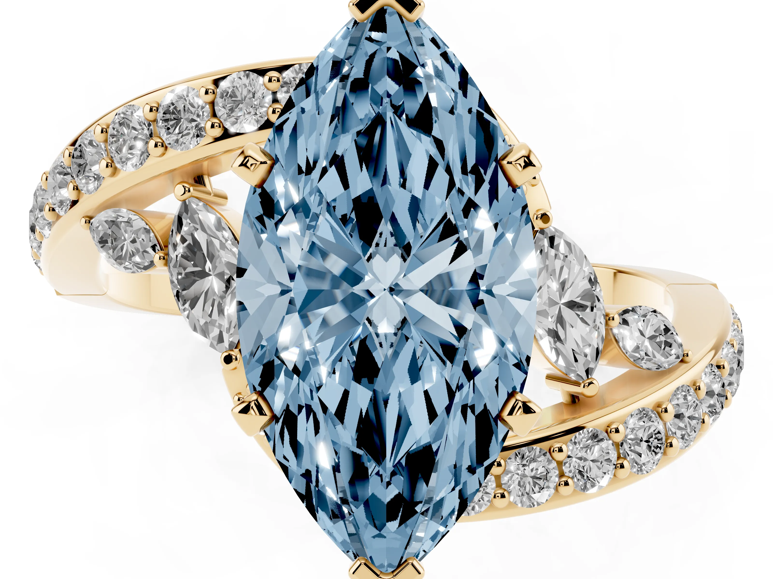 Fancy Blue Marquise Cut Diamond Solitaire Ring Set in Yellow gold with Pavé Twist Band and Secure Prong Setting