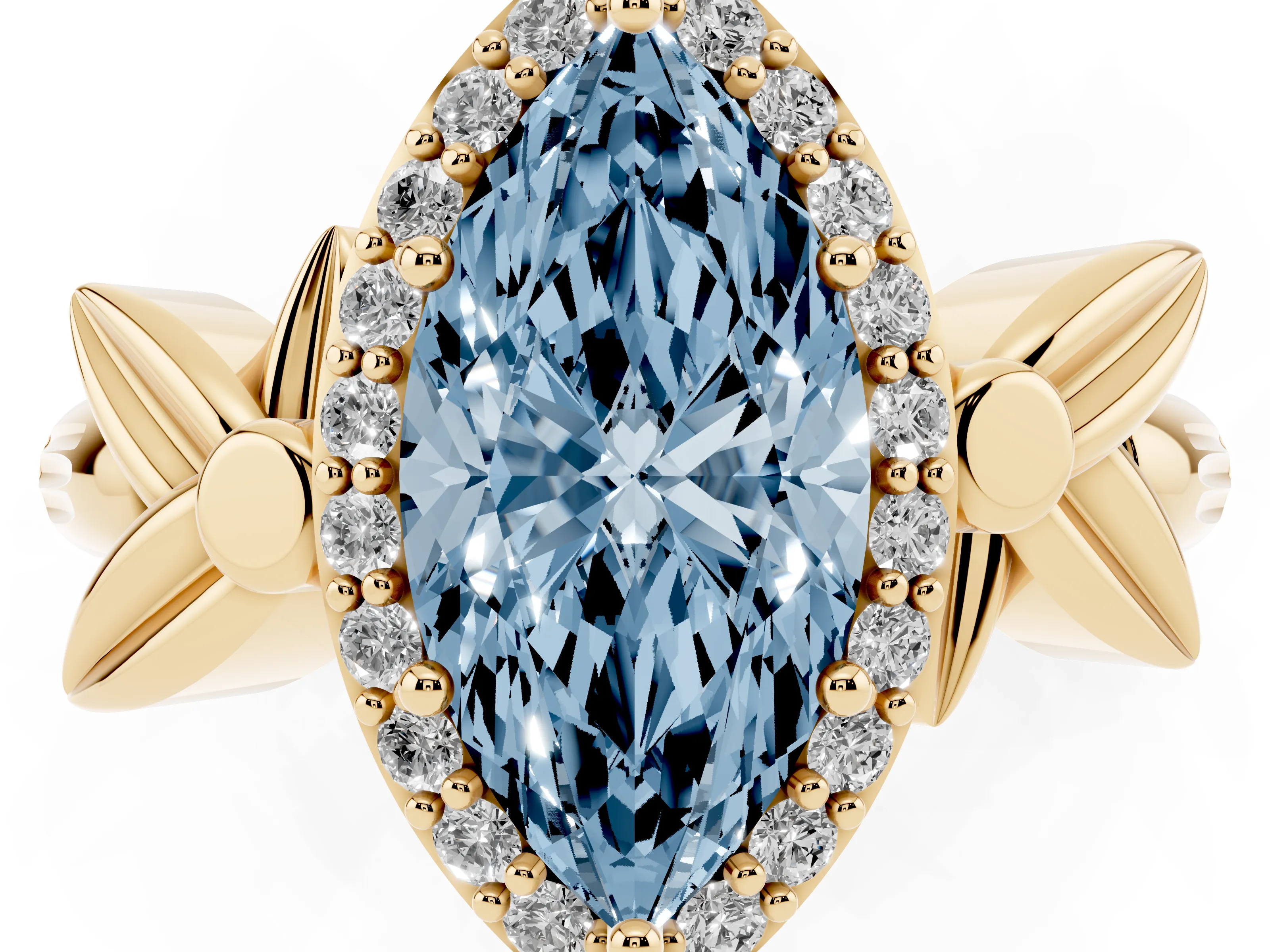 Fancy Blue Marquise Cut Diamond Halo Floral Band Ring Set in Yellow gold with Prong Setting