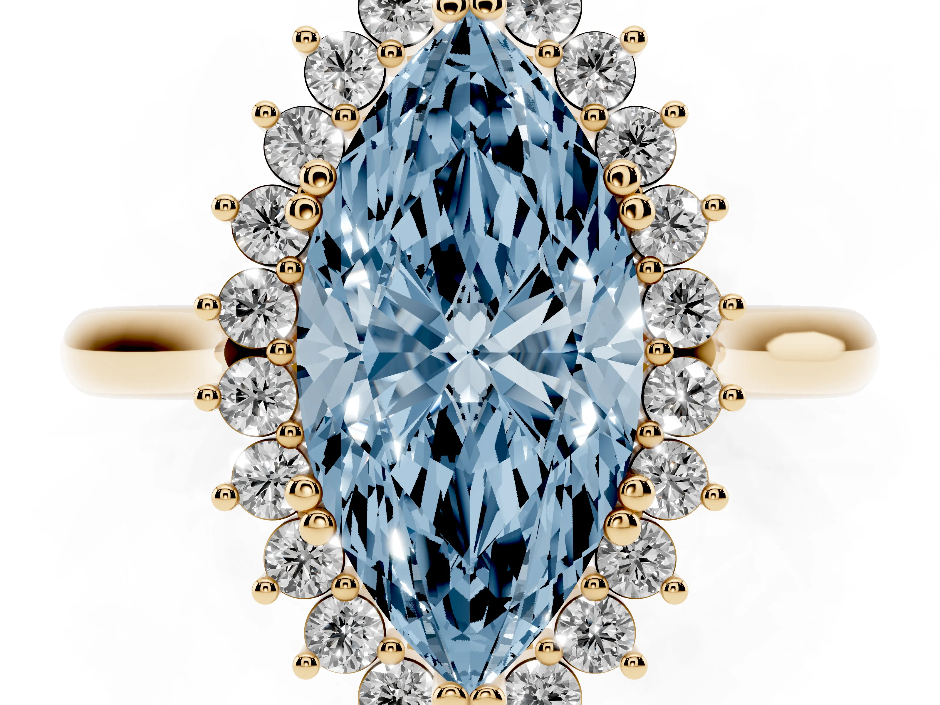 Fancy Blue Marquise Cut Diamond Halo Ring Set in Yellow gold with Plain Solitaire Band and Prong Setting