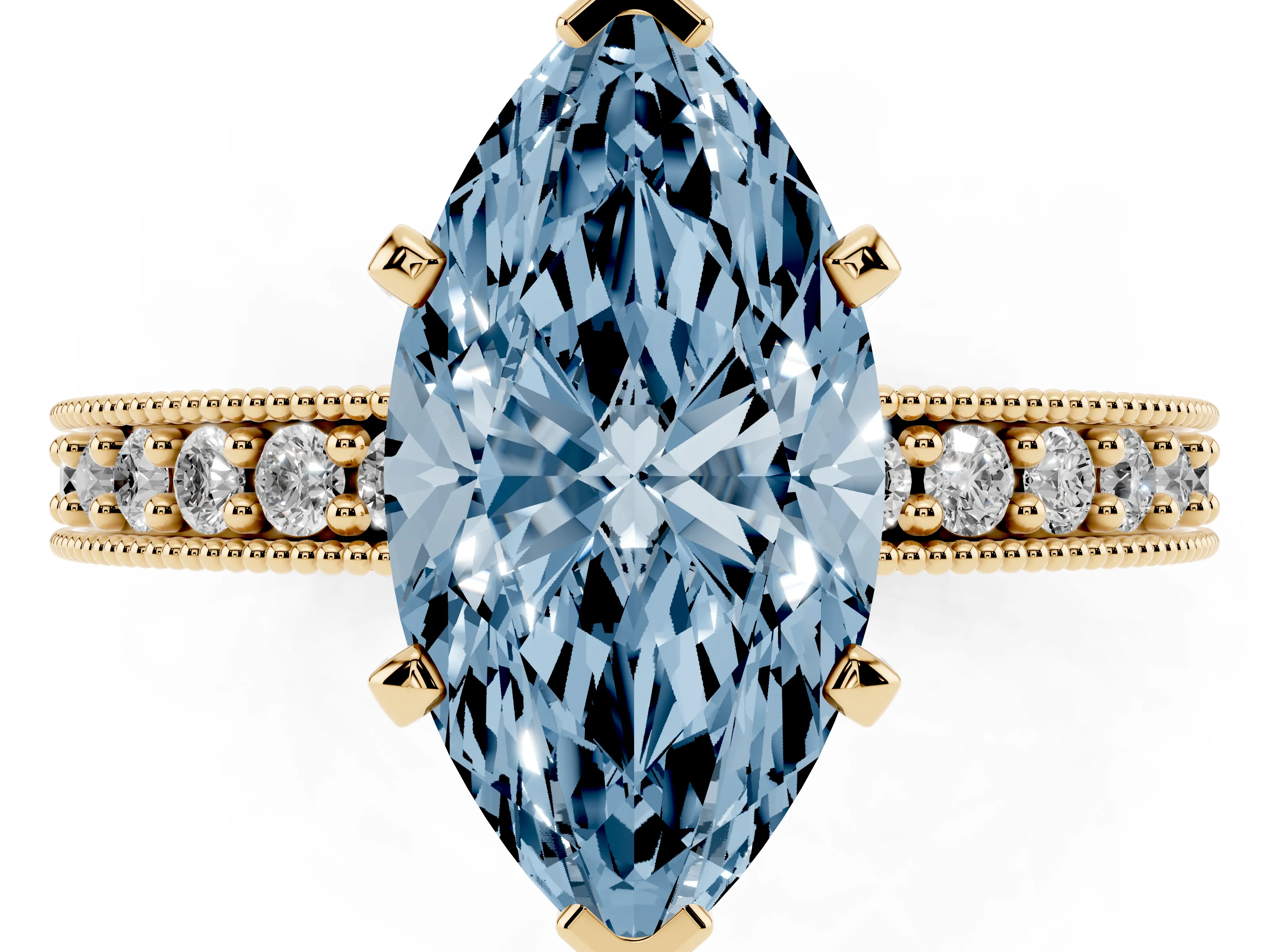Fancy Blue Marquise Cut Diamond Milgrain Pavé Engagement Ring Set in Yellow gold with Prong Setting