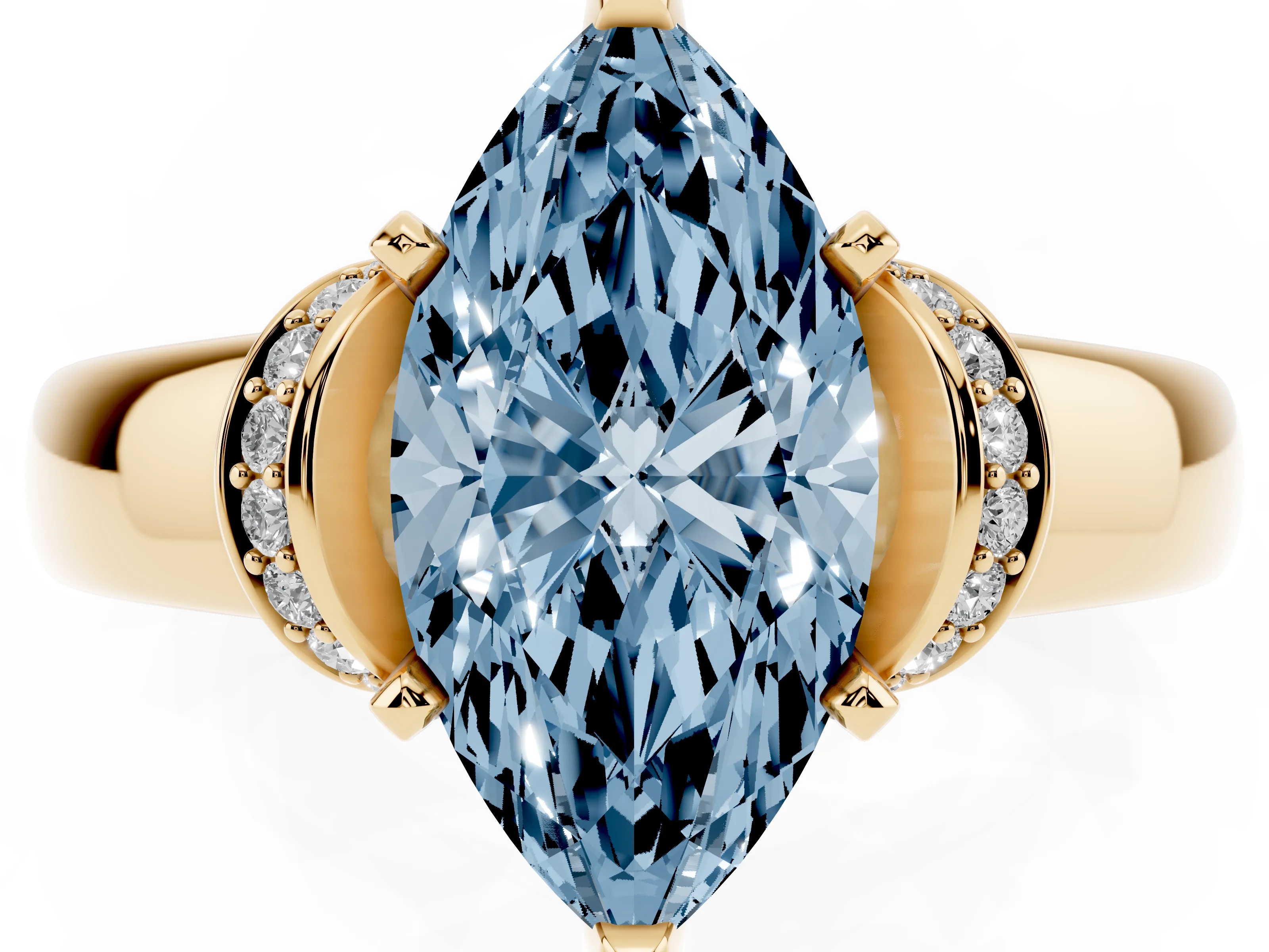 Fancy Blue Marquise Cut Diamond Pavé Band Solitaire Ring Set in Yellow gold with Prong Setting