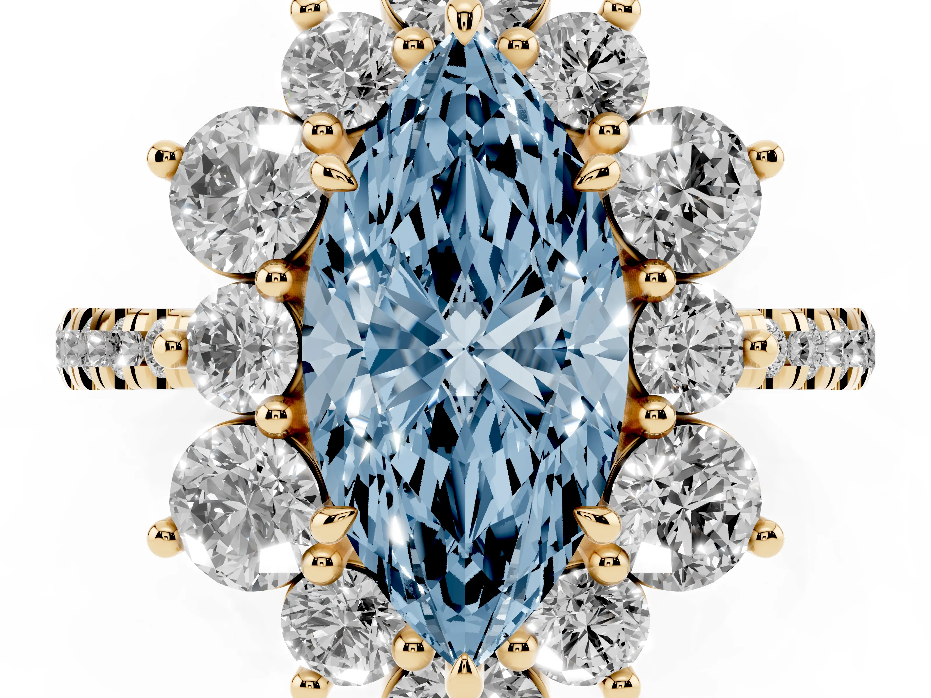 Fancy Blue Marquise Cut Diamond Floral Halo Ring Set in Yellow gold with Round Pavé Band and Prong Setting
