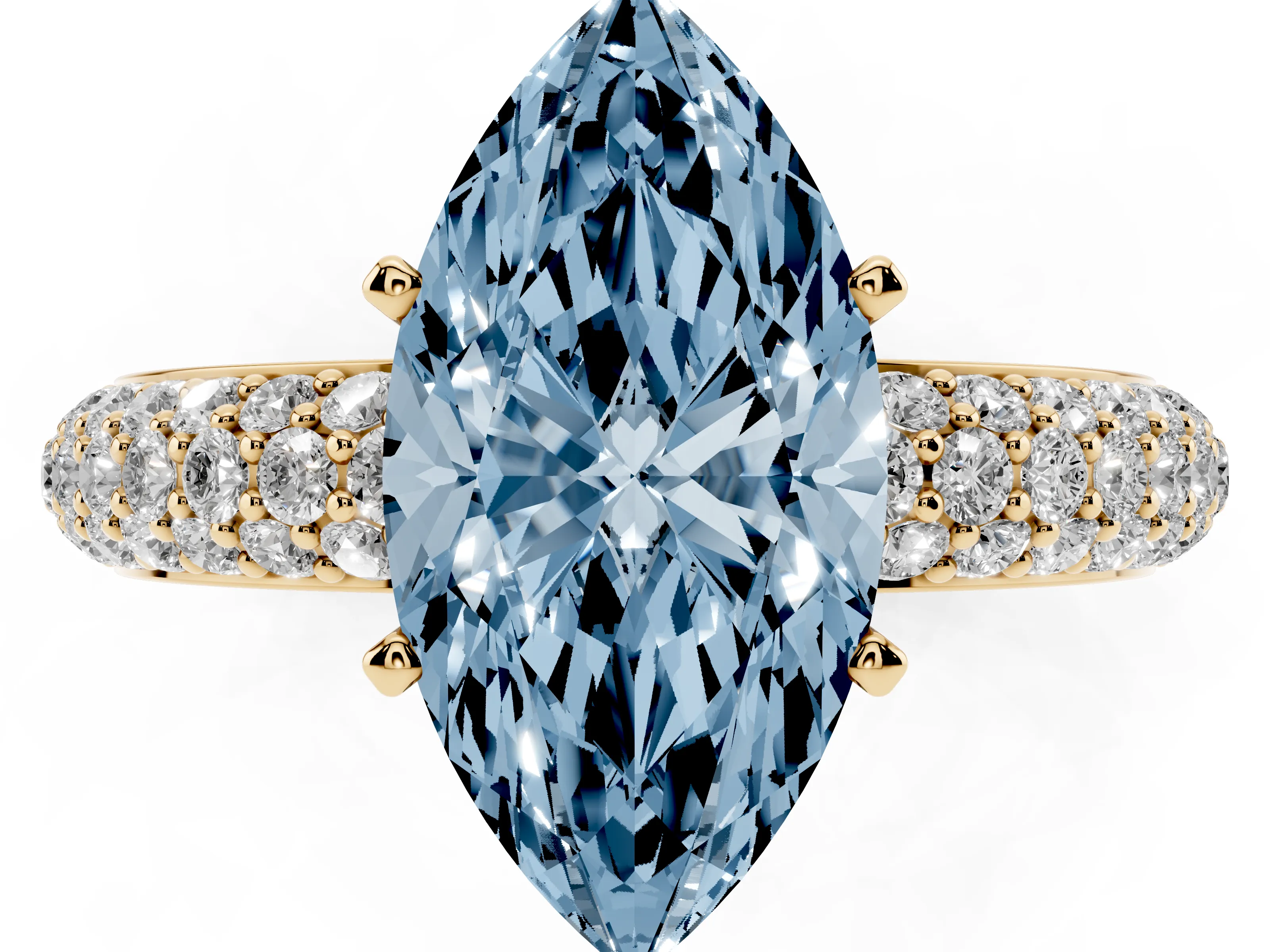 Fancy Blue Marquise Cut Diamond Solitaire Ring Set in Yellow gold with Prong Setting and Pavé-Set Band