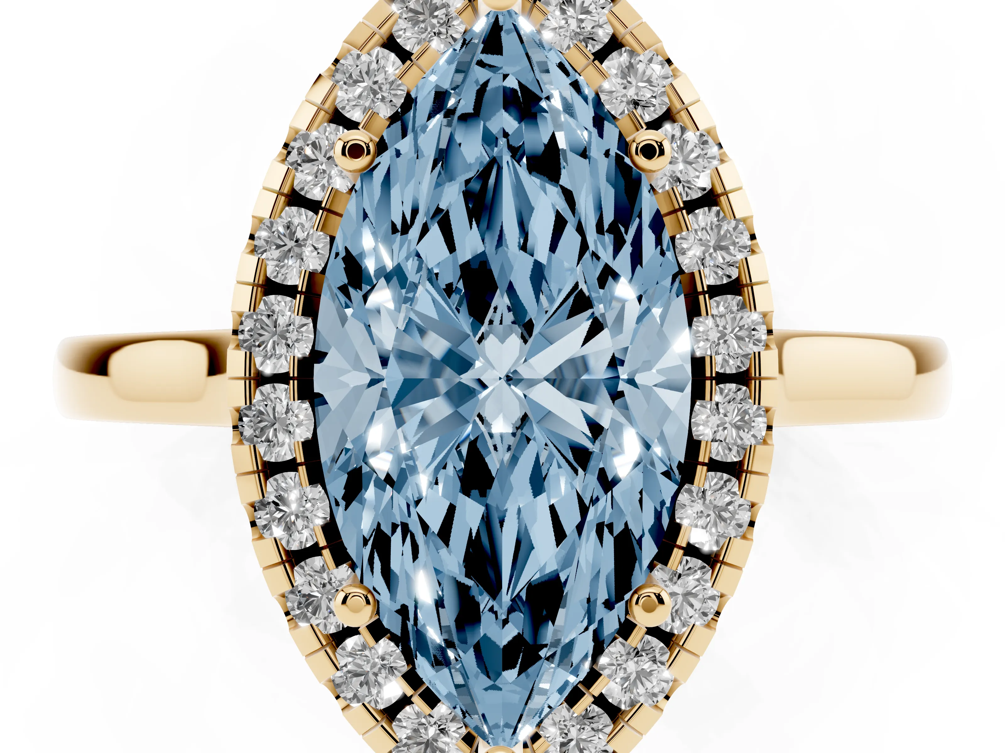 Fancy Blue Marquise Cut Halo Round Diamond Solitaire Ring Set in Yellow gold with Pavé Band and Prong Setting
