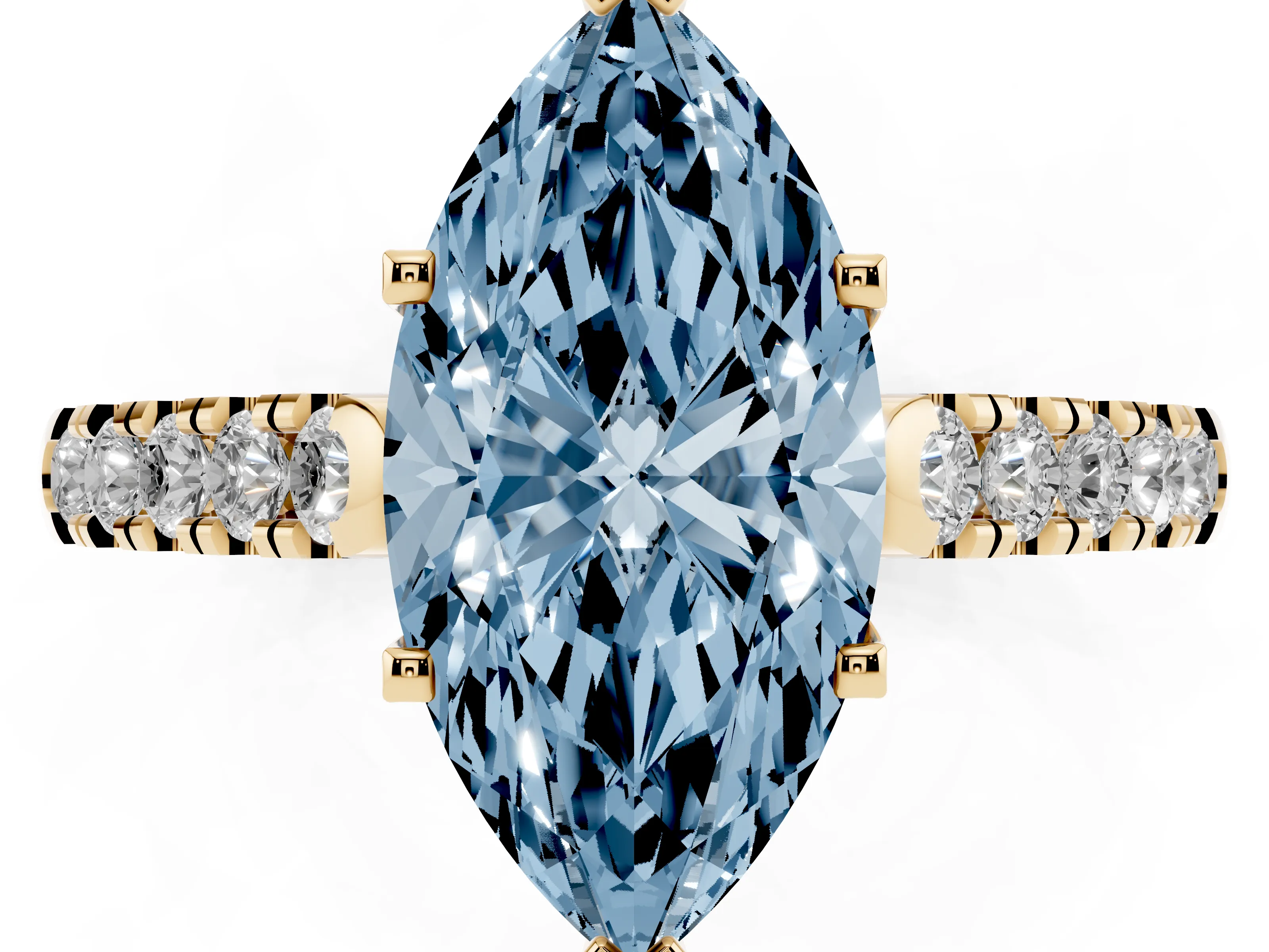 Fancy Blue Marquise Cut Diamond Pavé Band Solitaire Ring Set in Yellow gold with Partway Accent Stones and Prong Setting