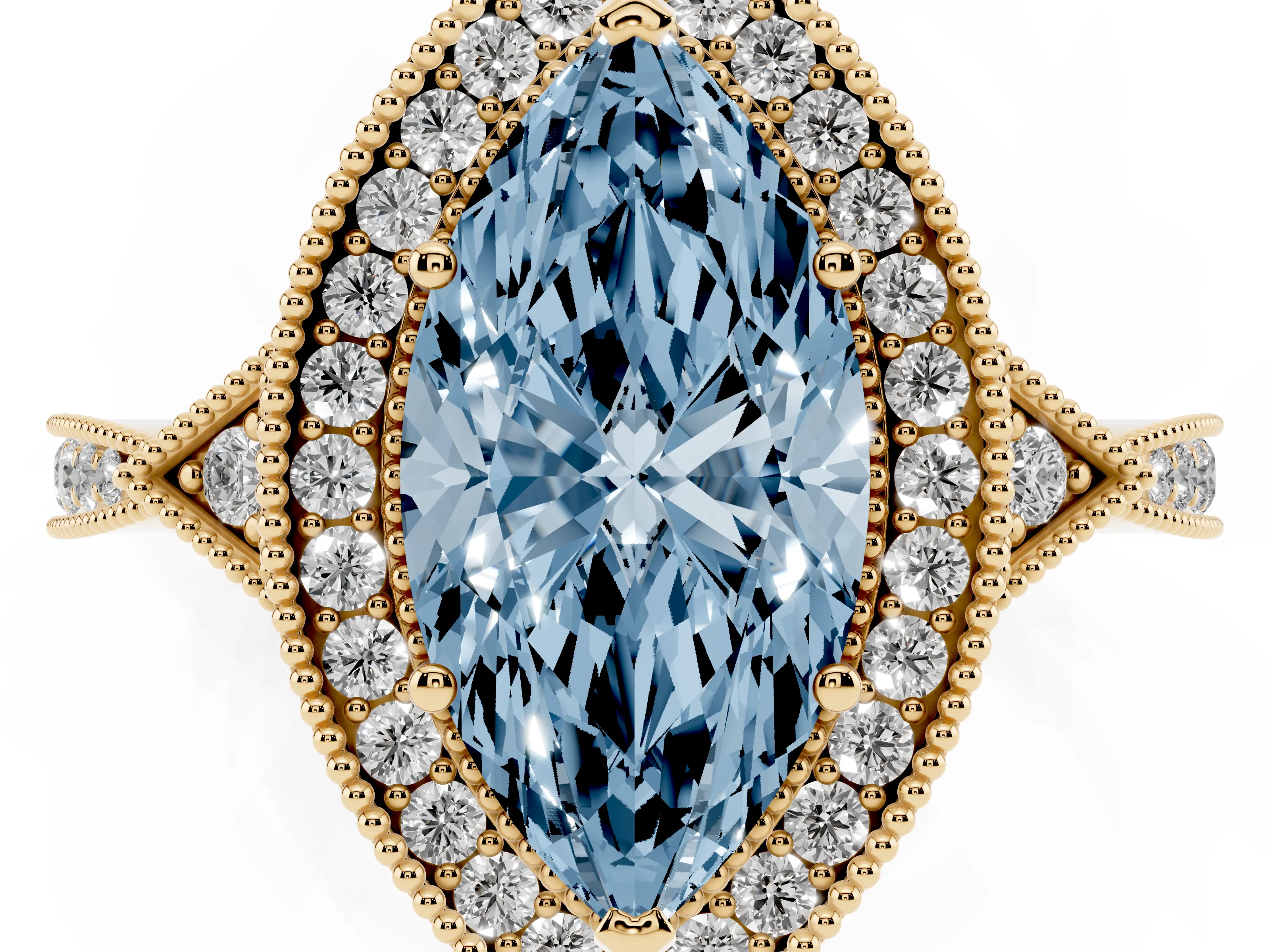 Fancy Blue Marquise Cut Diamond Halo Engagement Ring Set in Yellow gold with Milgrain Pavé Band