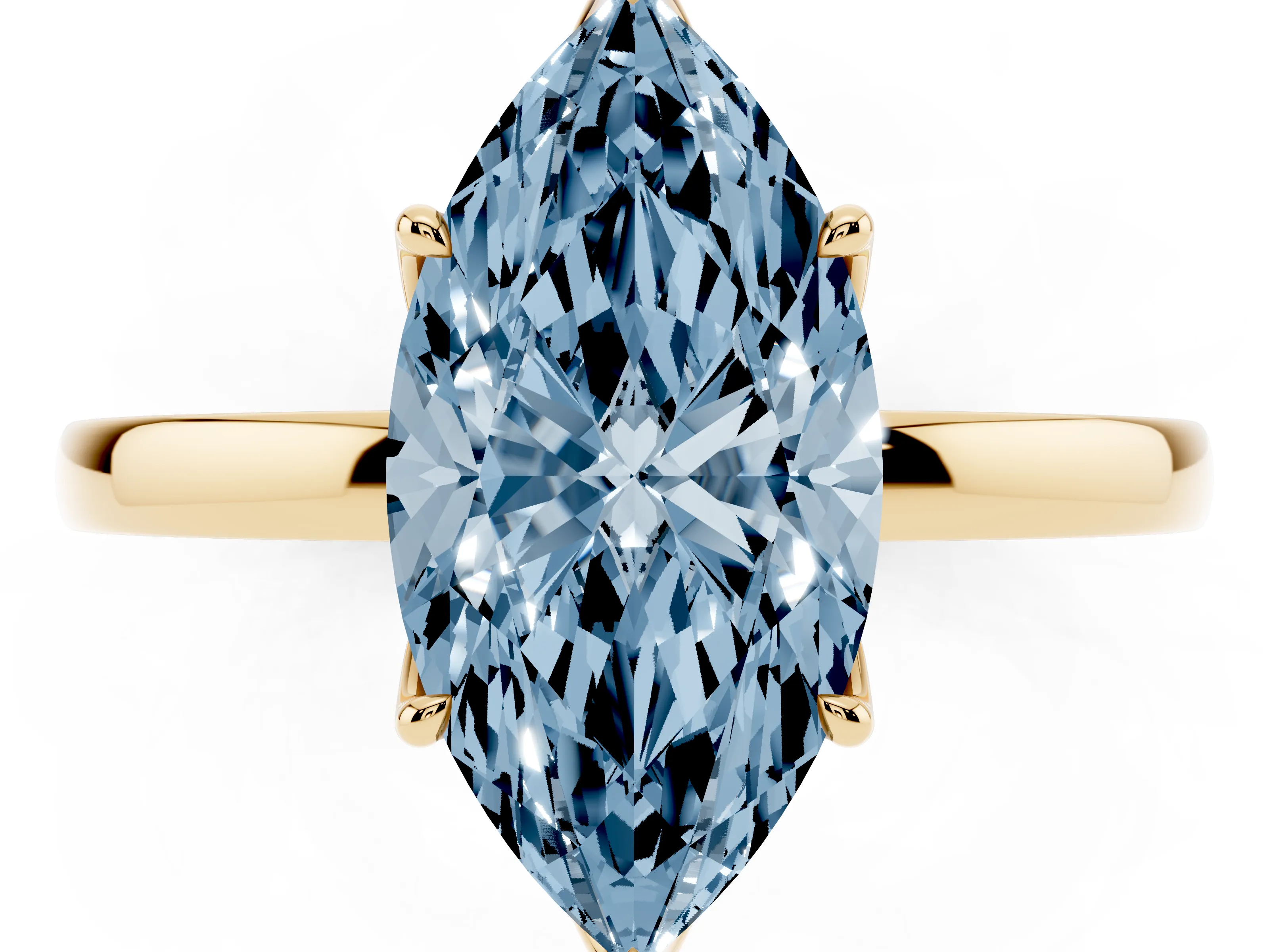 Fancy Blue Marquise Cut Diamond Solitaire Ring Set in Yellow gold with Prong Setting and Thin Polished Band