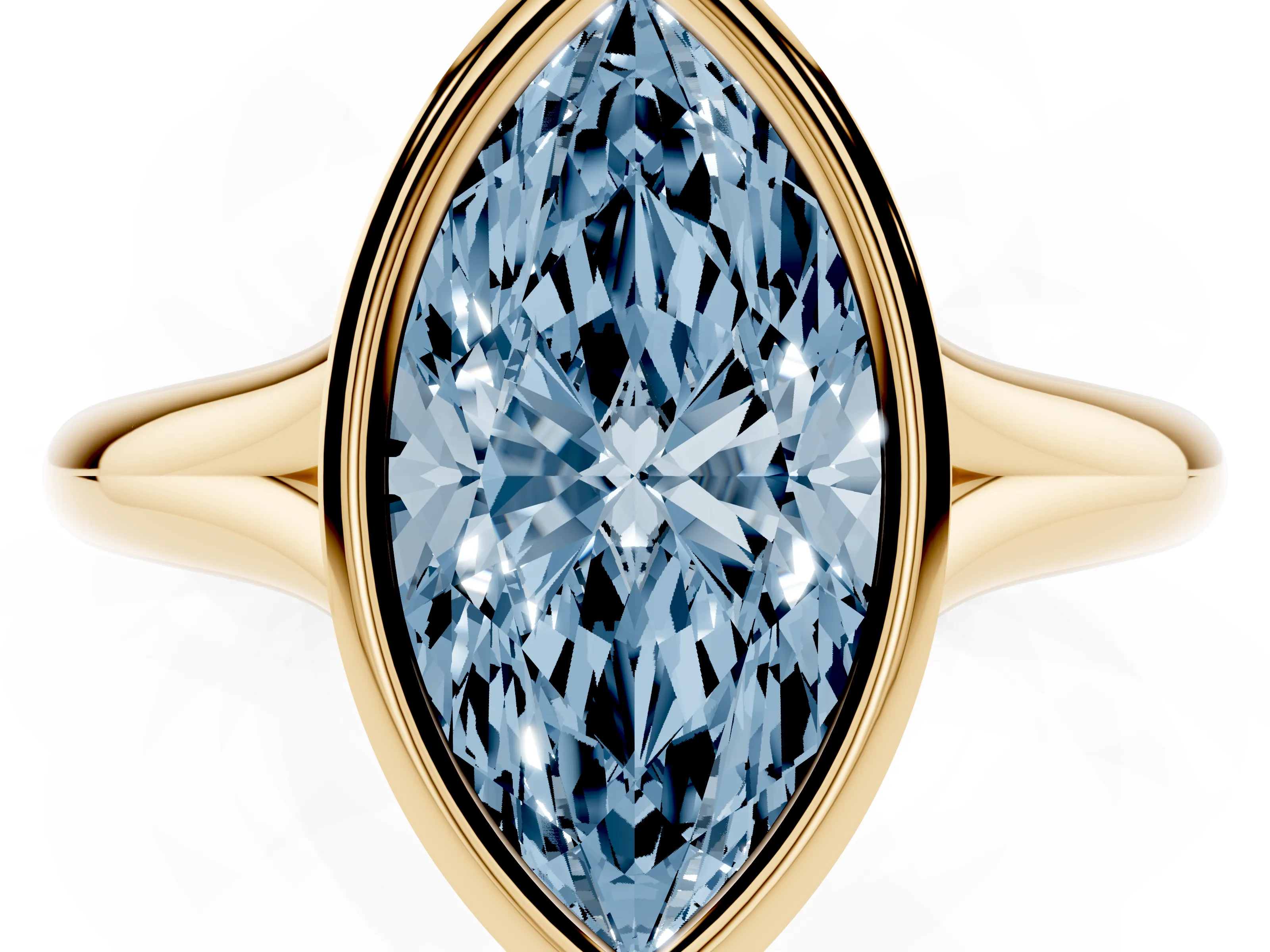 Fancy Blue Bezel Set Marquise Cut Diamond Solitaire Ring Set in Yellow gold with Smooth Band